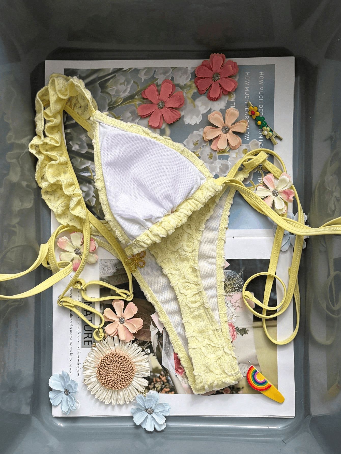 (image for) Women 3D Floral Applique Ruffle Strap Triangle Bikini Set Tie Side High Cut Sexy Premium Beach Swimwear