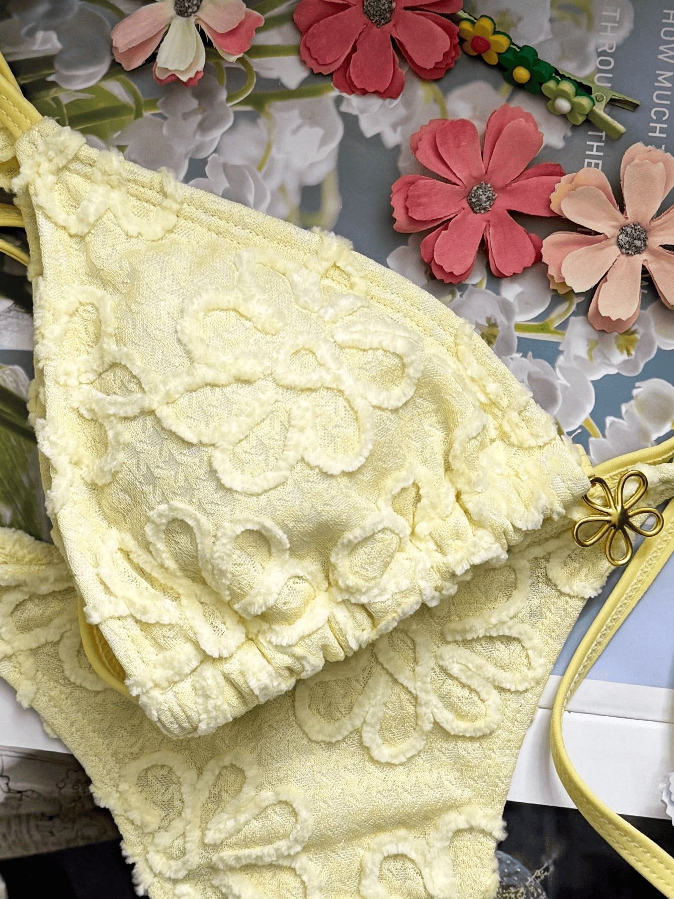 (image for) Women 3D Floral Applique Ruffle Strap Triangle Bikini Set Tie Side High Cut Sexy Premium Beach Swimwear