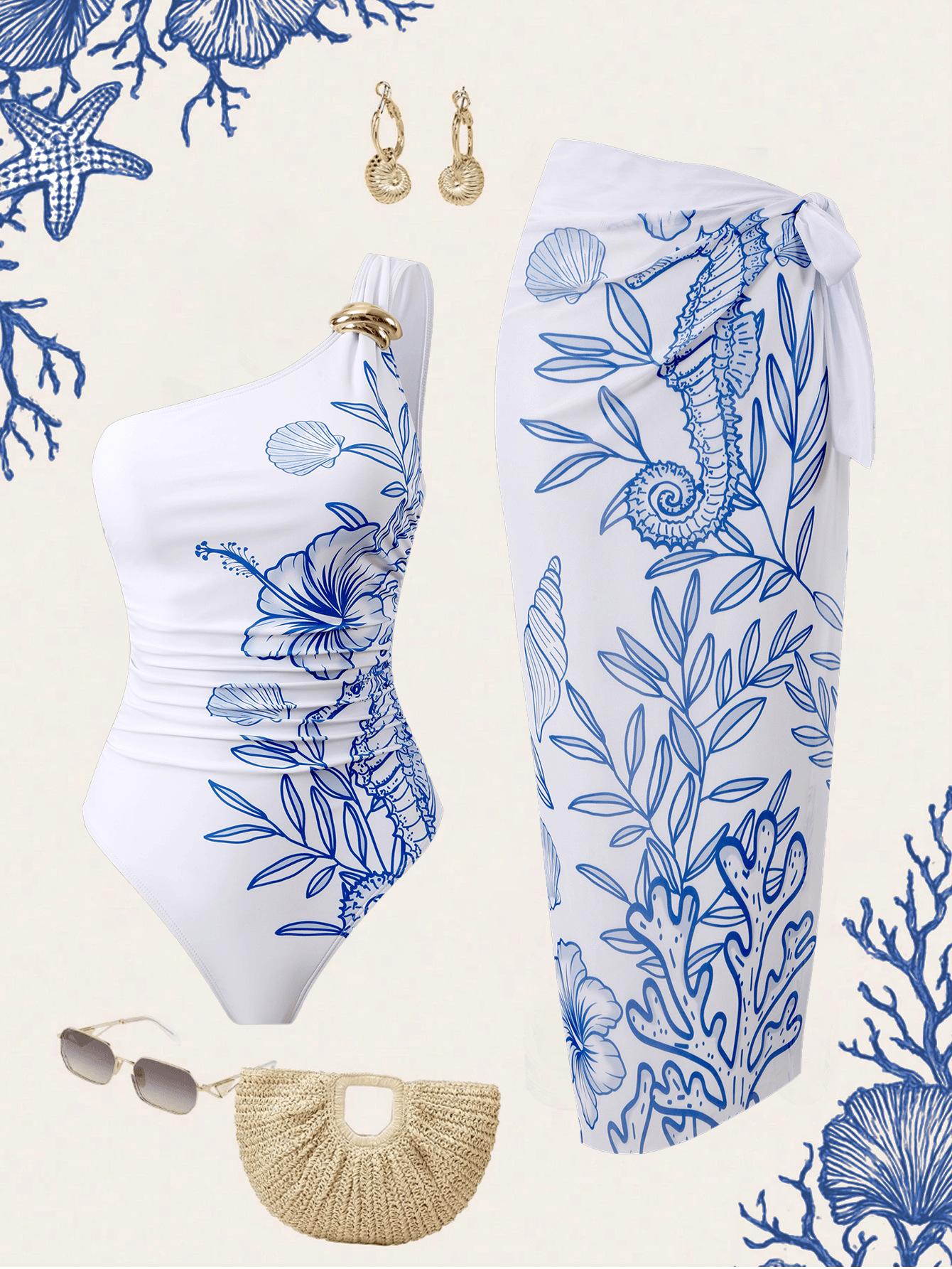 (image for) Women One Shoulder Marine Seahorse Print One Piece Swimsuit with Matching Midi Sarong Wrap Skirt 2 Piece Tummy Control Modest Beach Swimwear Set