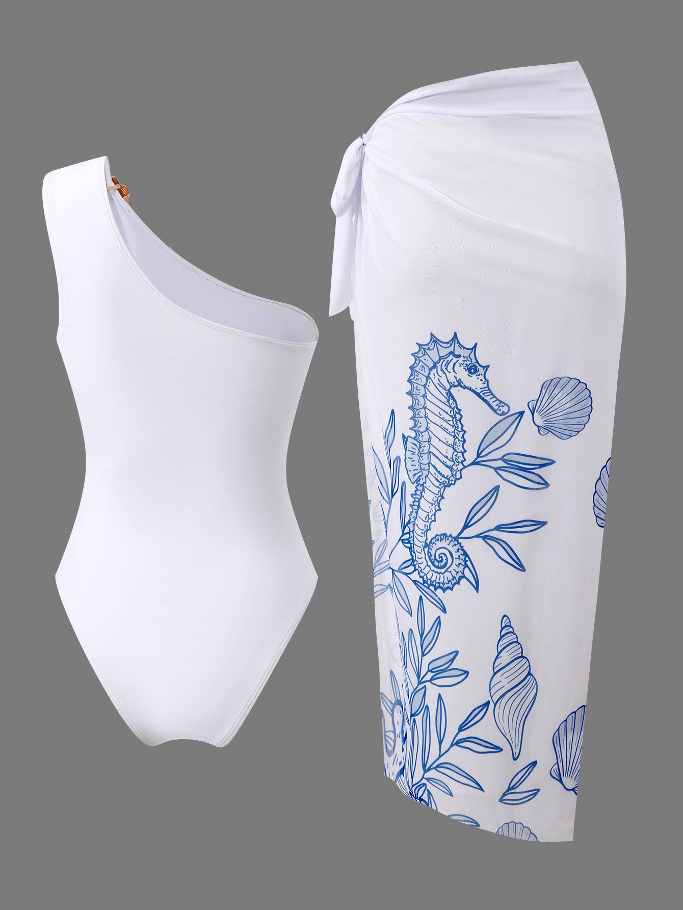 (image for) Women One Shoulder Marine Seahorse Print One Piece Swimsuit with Matching Midi Sarong Wrap Skirt 2 Piece Tummy Control Modest Beach Swimwear Set