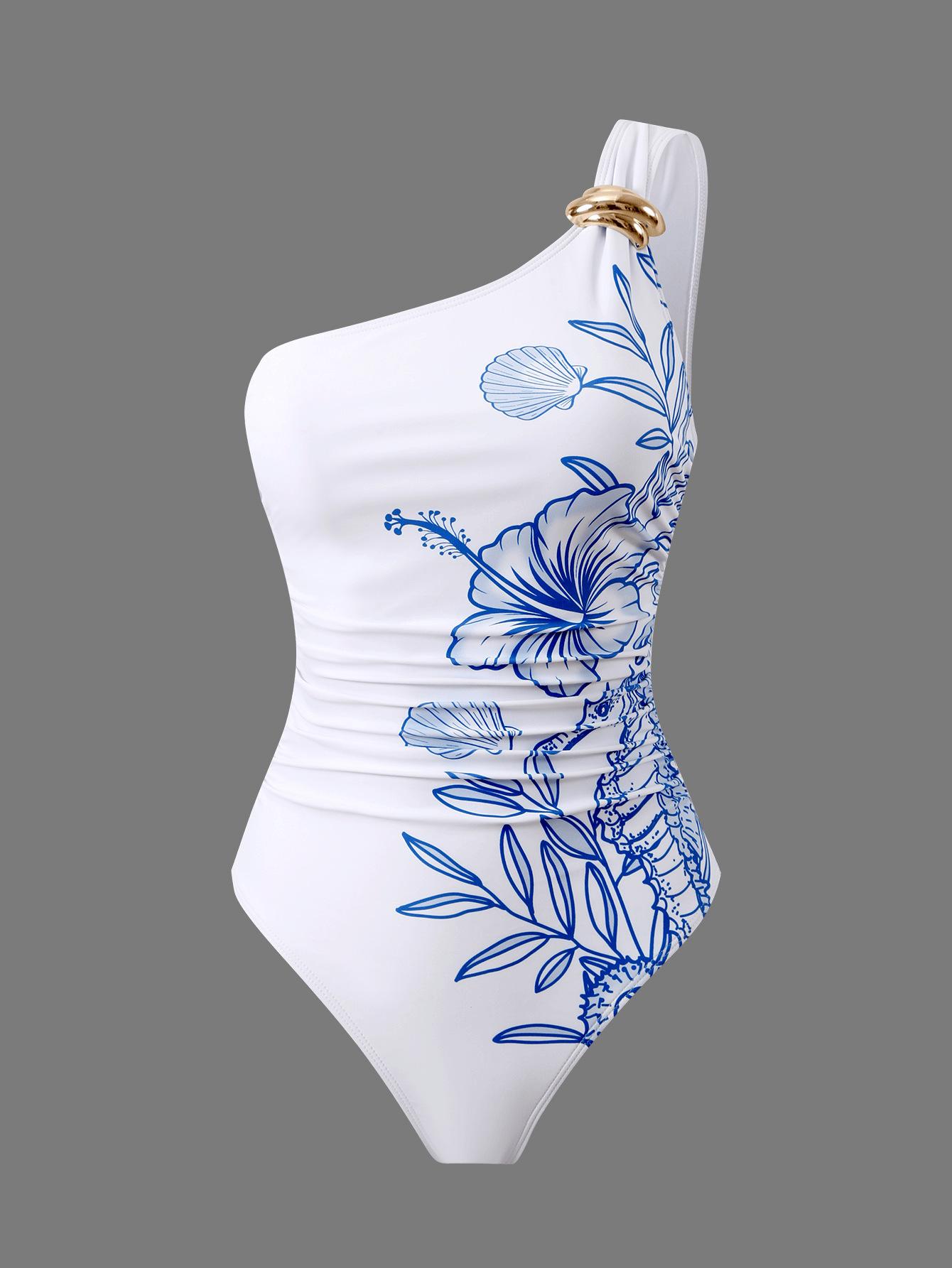 (image for) Women One Shoulder Marine Seahorse Print One Piece Swimsuit with Matching Midi Sarong Wrap Skirt 2 Piece Tummy Control Modest Beach Swimwear Set