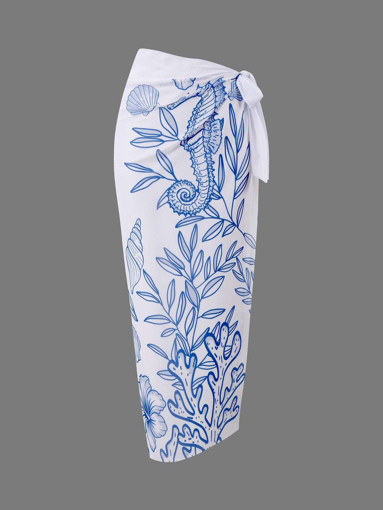 (image for) Women One Shoulder Marine Seahorse Print One Piece Swimsuit with Matching Midi Sarong Wrap Skirt 2 Piece Tummy Control Modest Beach Swimwear Set