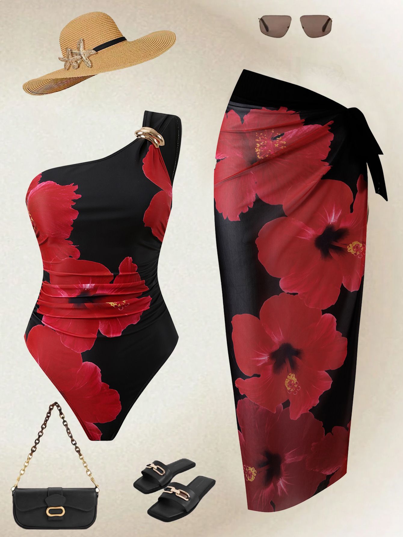 Women One Shoulder Large Red Floral Print One Piece Swimsuit with Matching Sarong Wrap Skirt 2 Piece Ruched Waist Tummy Control Summer Beach Swimwear Set