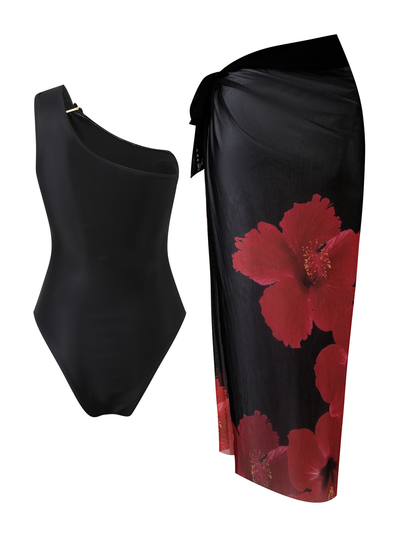 (image for) Women One Shoulder Large Red Floral Print One Piece Swimsuit with Matching Sarong Wrap Skirt 2 Piece Ruched Waist Tummy Control Summer Beach Swimwear Set