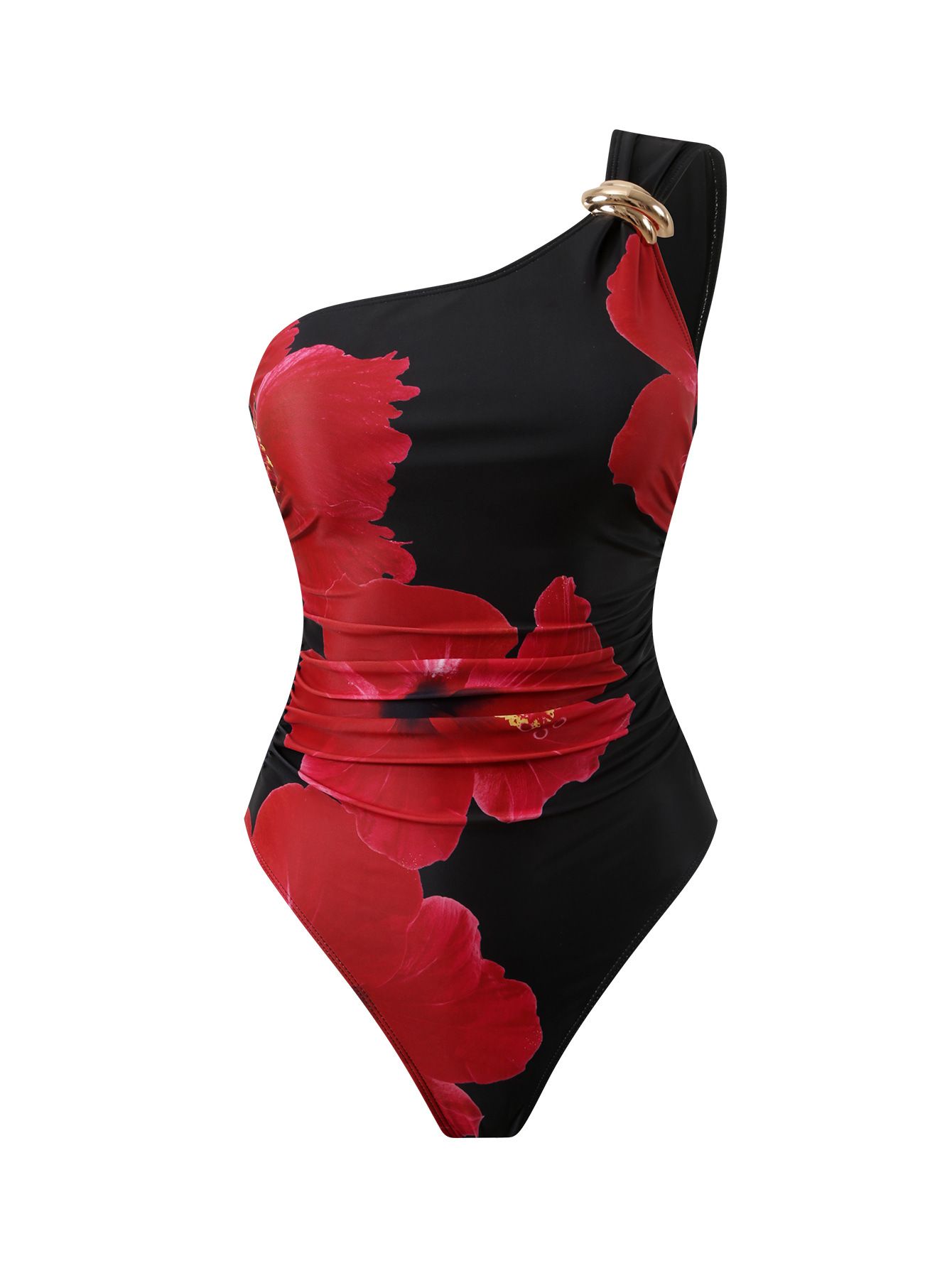 (image for) Women One Shoulder Large Red Floral Print One Piece Swimsuit with Matching Sarong Wrap Skirt 2 Piece Ruched Waist Tummy Control Summer Beach Swimwear Set