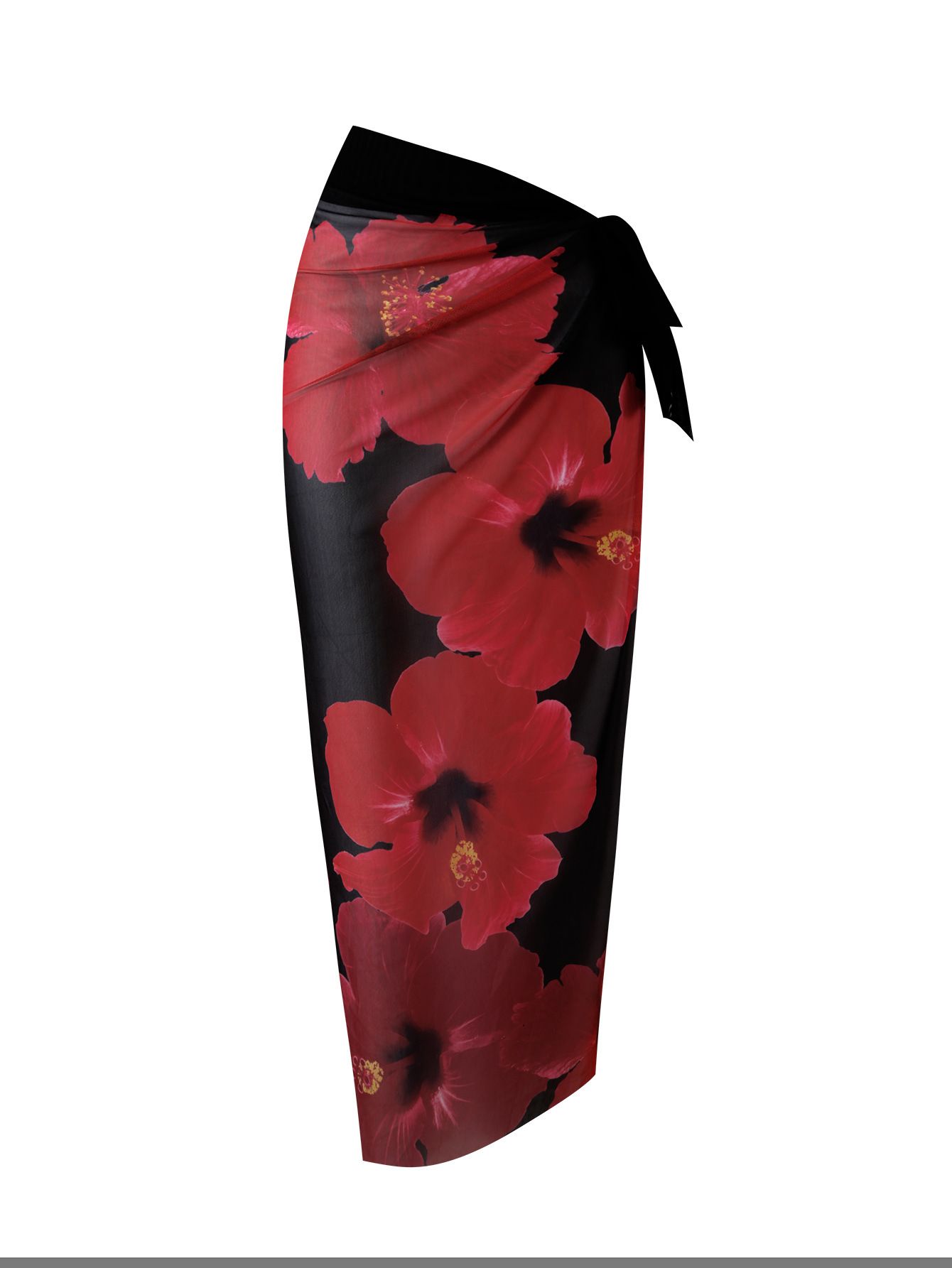 (image for) Women One Shoulder Large Red Floral Print One Piece Swimsuit with Matching Sarong Wrap Skirt 2 Piece Ruched Waist Tummy Control Summer Beach Swimwear Set