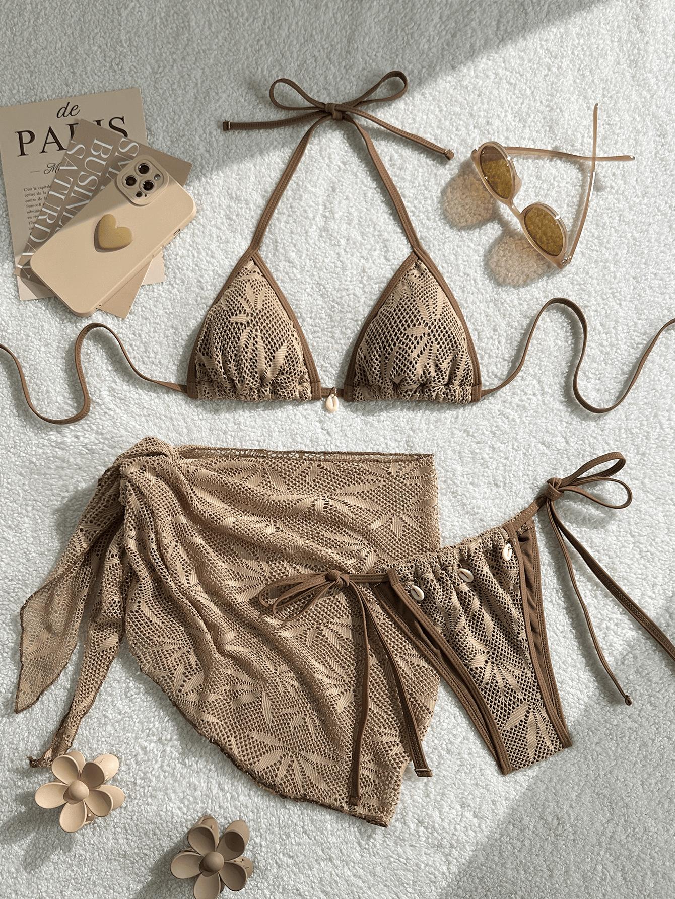 (image for) Women 3 Piece Textured Leaf Print Halter Bikini Set with Mini Skirt Cover Up Unpadded Swimwear