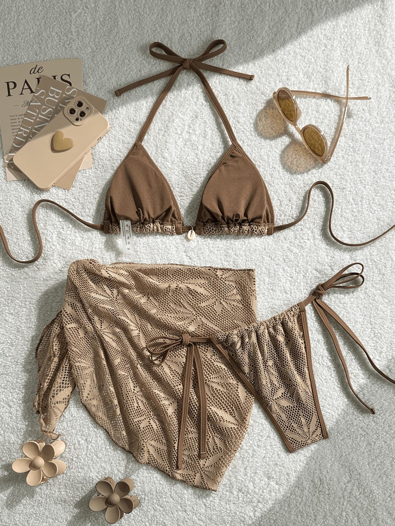 (image for) Women 3 Piece Textured Leaf Print Halter Bikini Set with Mini Skirt Cover Up Unpadded Swimwear