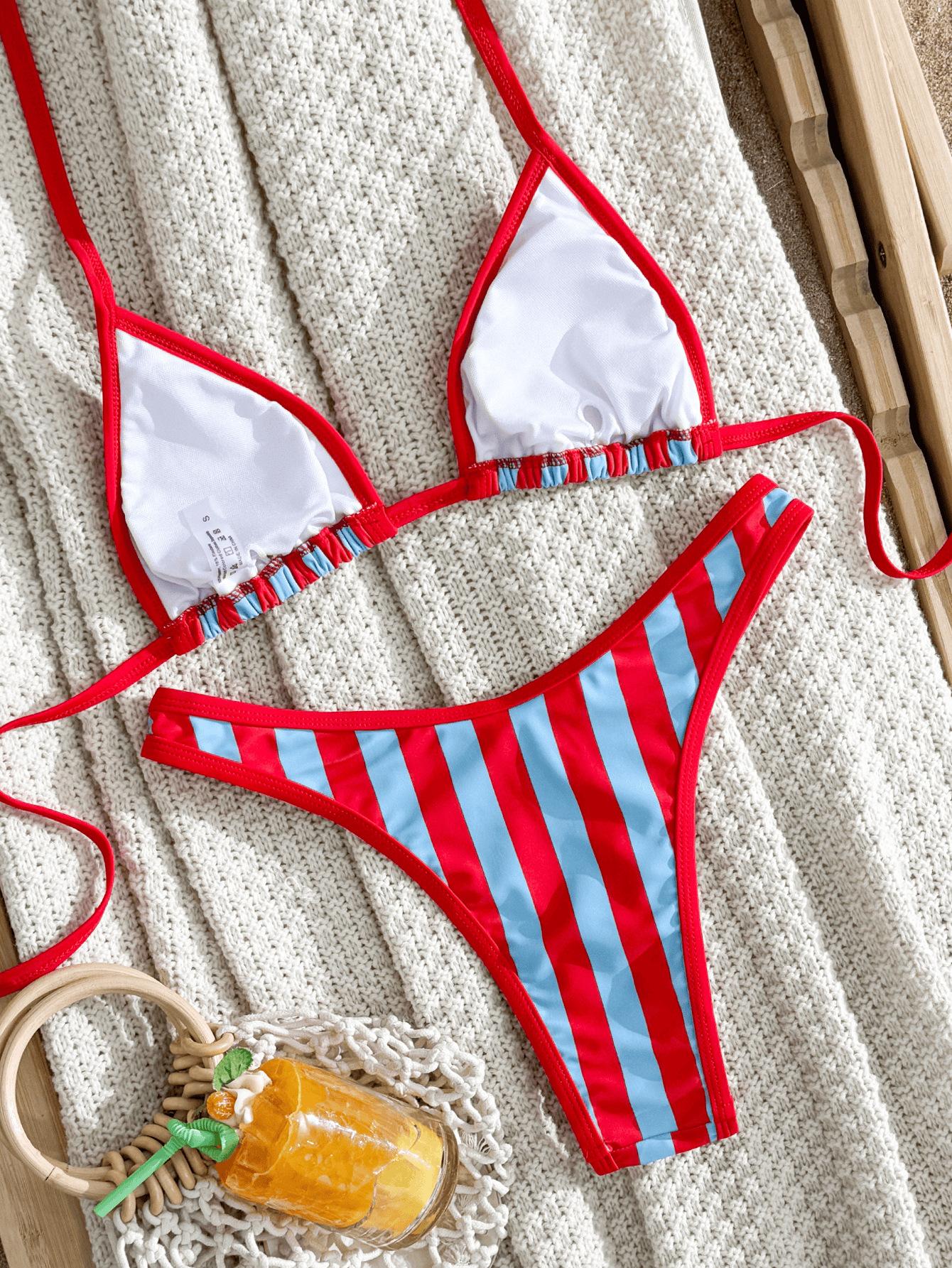 (image for) Women Vertical Striped Halter Triangle Bikini Set Tie Side Padded Sexy Two Piece Swimwear