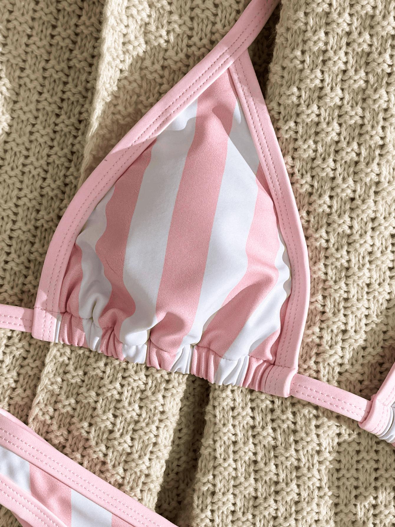 (image for) Women Vertical Striped Halter Triangle Bikini Set Tie Side Padded Sexy Two Piece Swimwear