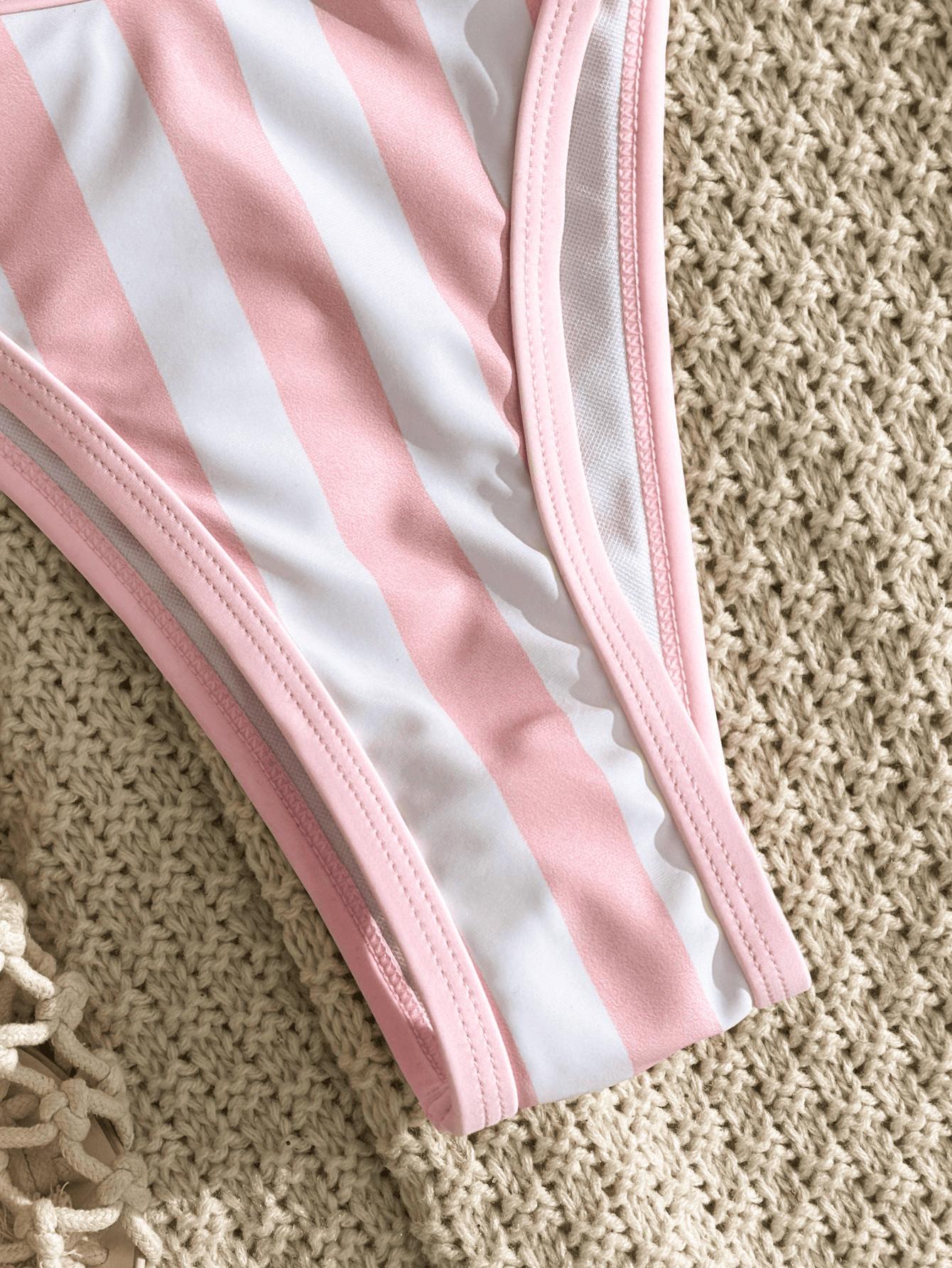 (image for) Women Vertical Striped Halter Triangle Bikini Set Tie Side Padded Sexy Two Piece Swimwear