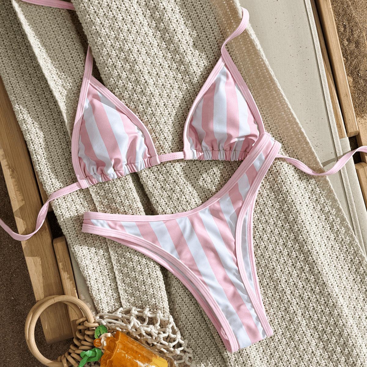 (image for) Women Vertical Striped Halter Triangle Bikini Set Tie Side Padded Sexy Two Piece Swimwear