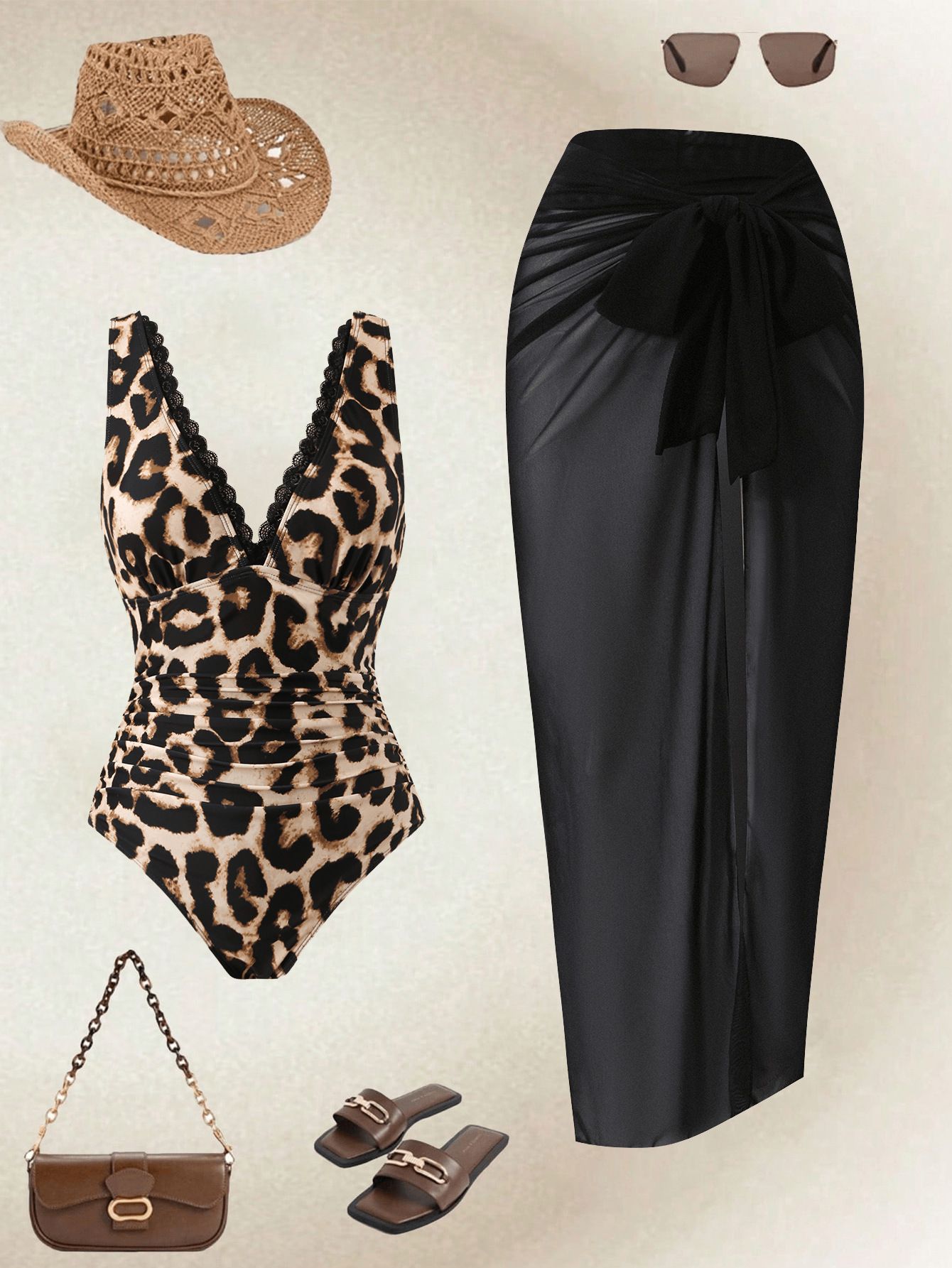 (image for) Women Leopard Print Deep V Neck One Piece Swimsuit with Black Tie Waist Sarong Skirt 2 Piece Tummy Control Sexy Beach Swimwear Set