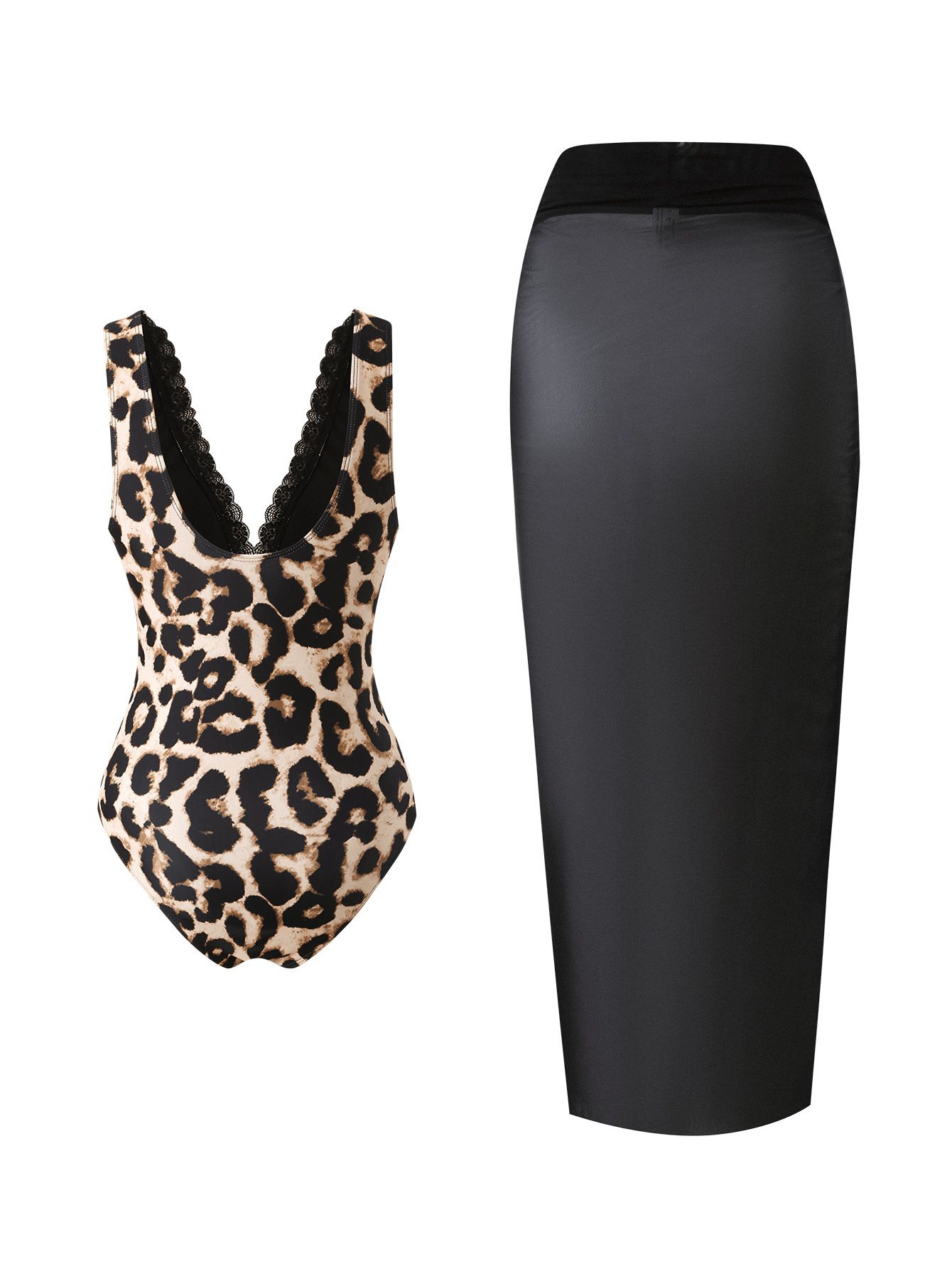 (image for) Women Leopard Print Deep V Neck One Piece Swimsuit with Black Tie Waist Sarong Skirt 2 Piece Tummy Control Sexy Beach Swimwear Set