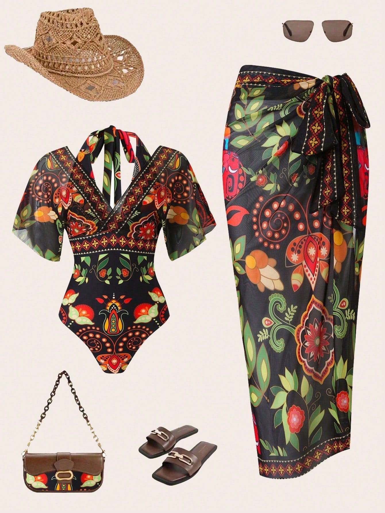 Women Boho Ethnic Tribal Floral Print Flutter Sleeve One Piece Swimsuit with Tie Waist Sarong Skirt 2 Piece Tummy Control Slimming Vacation Beach Swimwear Set