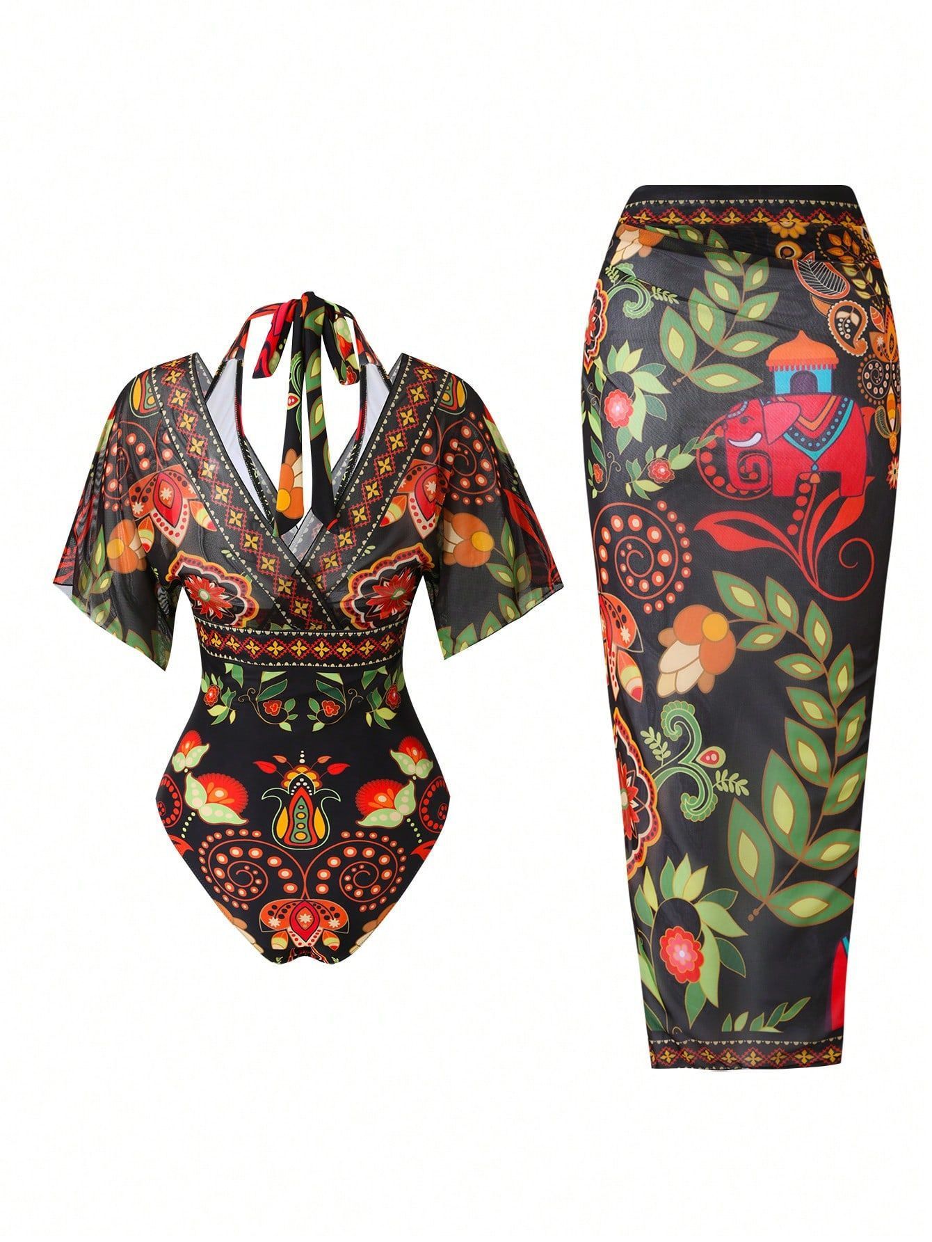 (image for) Women Boho Ethnic Tribal Floral Print Flutter Sleeve One Piece Swimsuit with Tie Waist Sarong Skirt 2 Piece Tummy Control Slimming Vacation Beach Swimwear Set