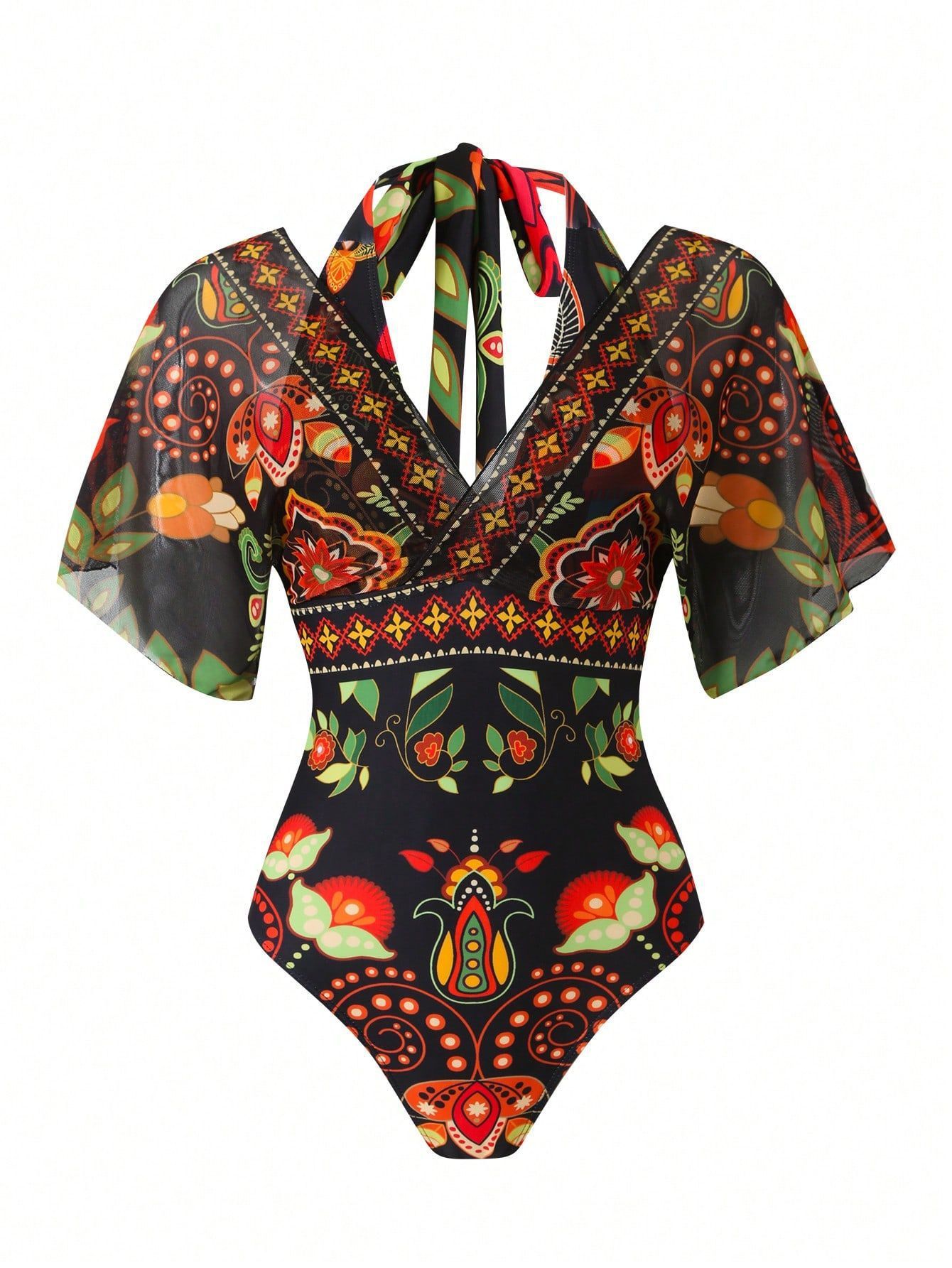 (image for) Women Boho Ethnic Tribal Floral Print Flutter Sleeve One Piece Swimsuit with Tie Waist Sarong Skirt 2 Piece Tummy Control Slimming Vacation Beach Swimwear Set