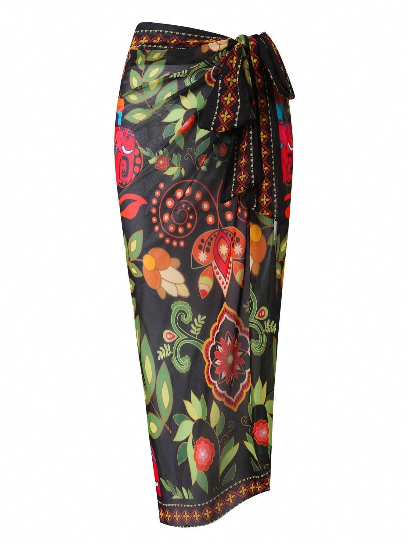 (image for) Women Boho Ethnic Tribal Floral Print Flutter Sleeve One Piece Swimsuit with Tie Waist Sarong Skirt 2 Piece Tummy Control Slimming Vacation Beach Swimwear Set