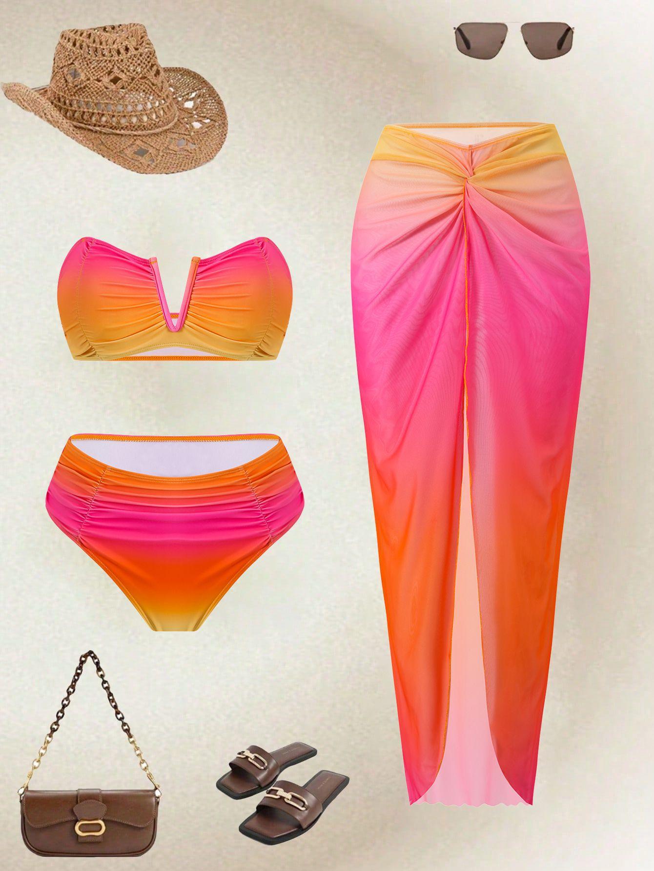 (image for) Women 3 Piece Ombre Pink Orange Gradient Bandeau Bikini Set with Mesh Maxi Sarong Skirt Sexy Beach Vacation Swimwear Set