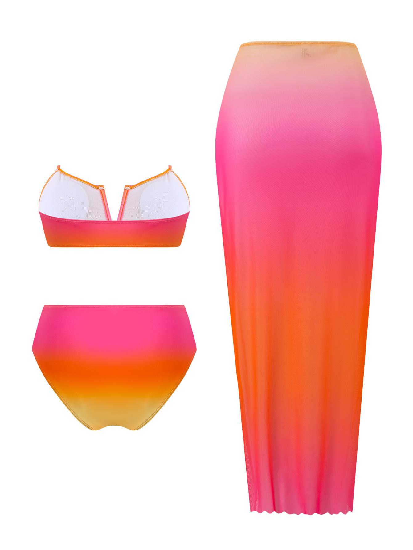 (image for) Women 3 Piece Ombre Pink Orange Gradient Bandeau Bikini Set with Mesh Maxi Sarong Skirt Sexy Beach Vacation Swimwear Set