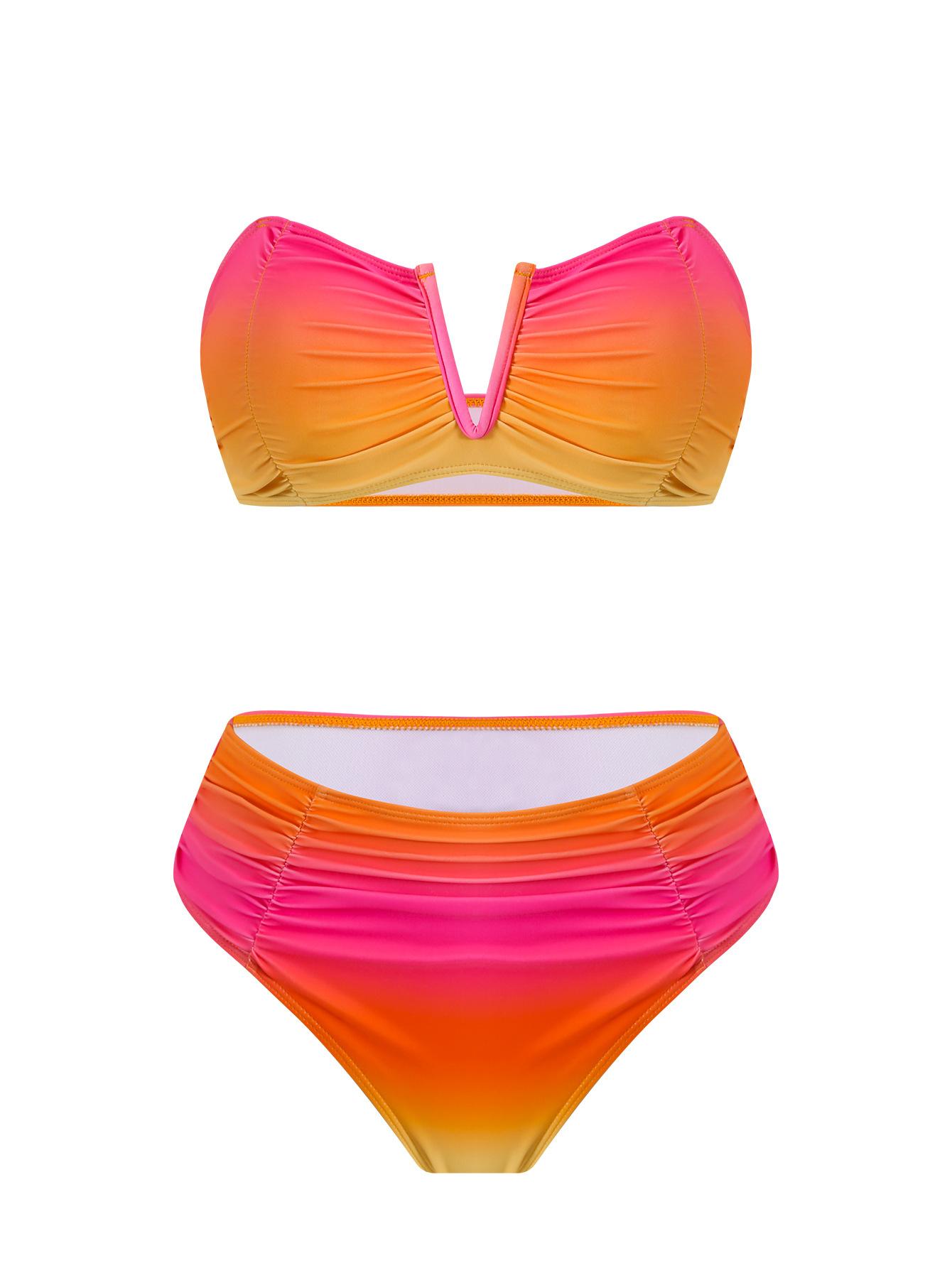 (image for) Women 3 Piece Ombre Pink Orange Gradient Bandeau Bikini Set with Mesh Maxi Sarong Skirt Sexy Beach Vacation Swimwear Set