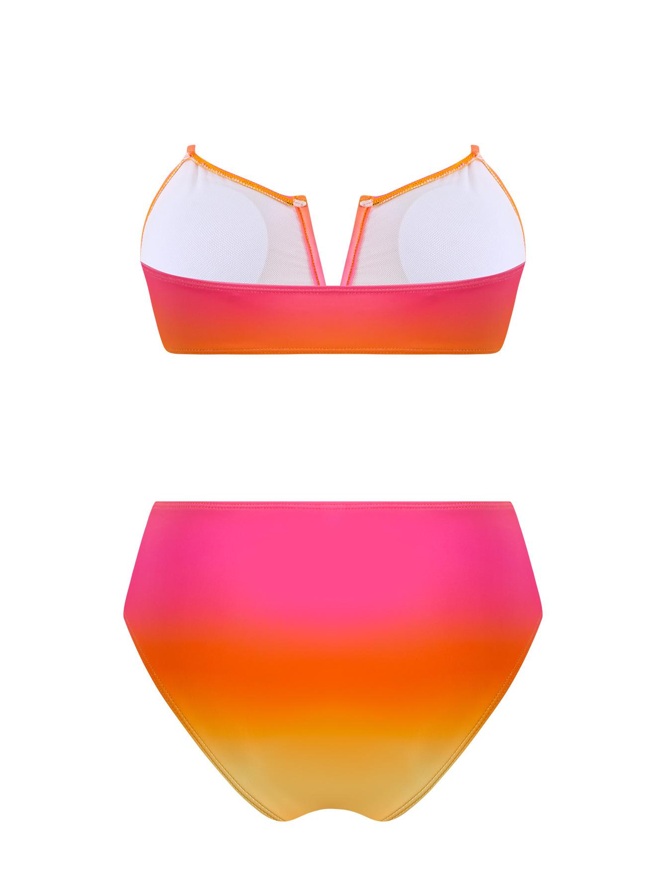 (image for) Women 3 Piece Ombre Pink Orange Gradient Bandeau Bikini Set with Mesh Maxi Sarong Skirt Sexy Beach Vacation Swimwear Set