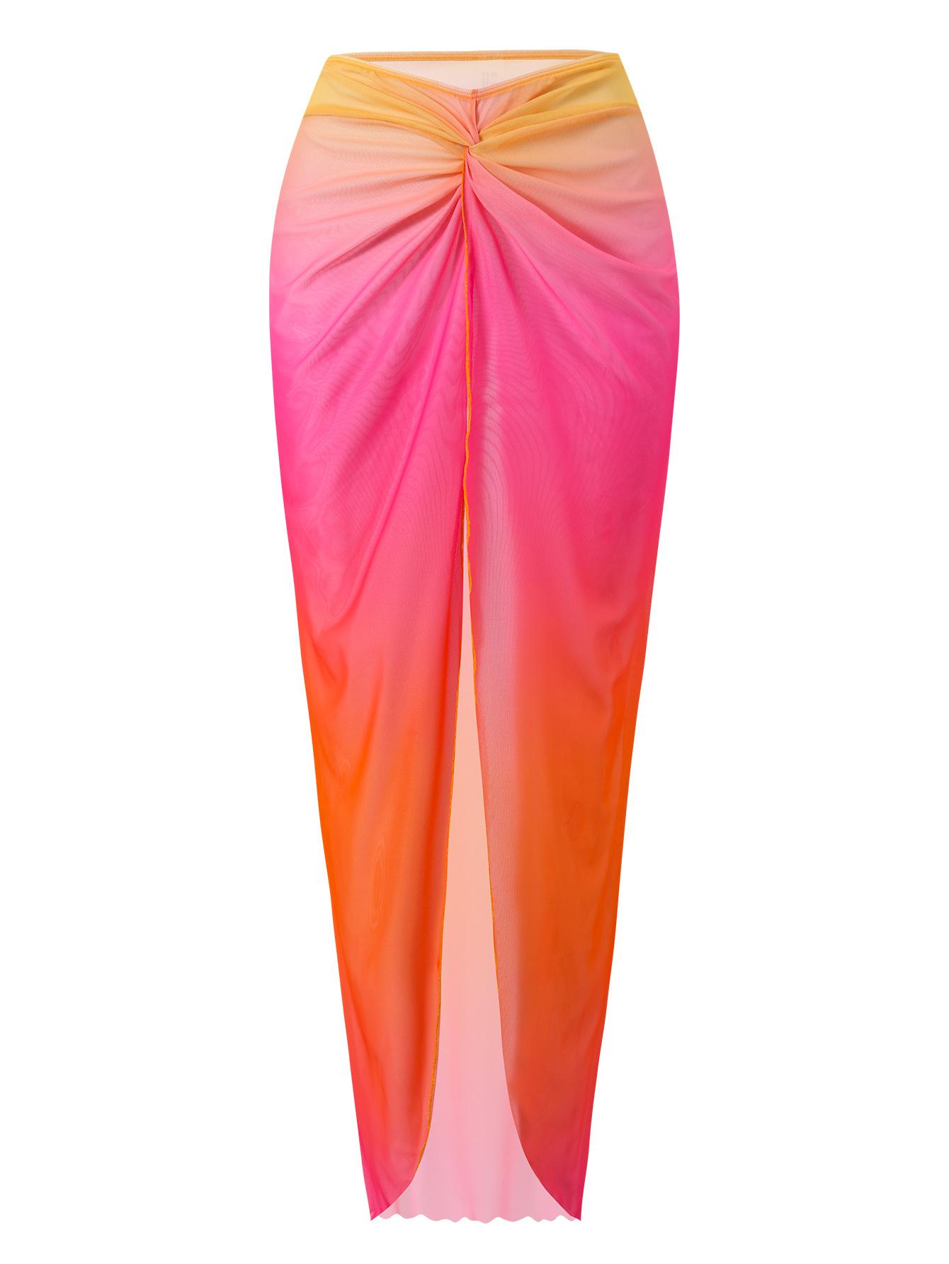 (image for) Women 3 Piece Ombre Pink Orange Gradient Bandeau Bikini Set with Mesh Maxi Sarong Skirt Sexy Beach Vacation Swimwear Set
