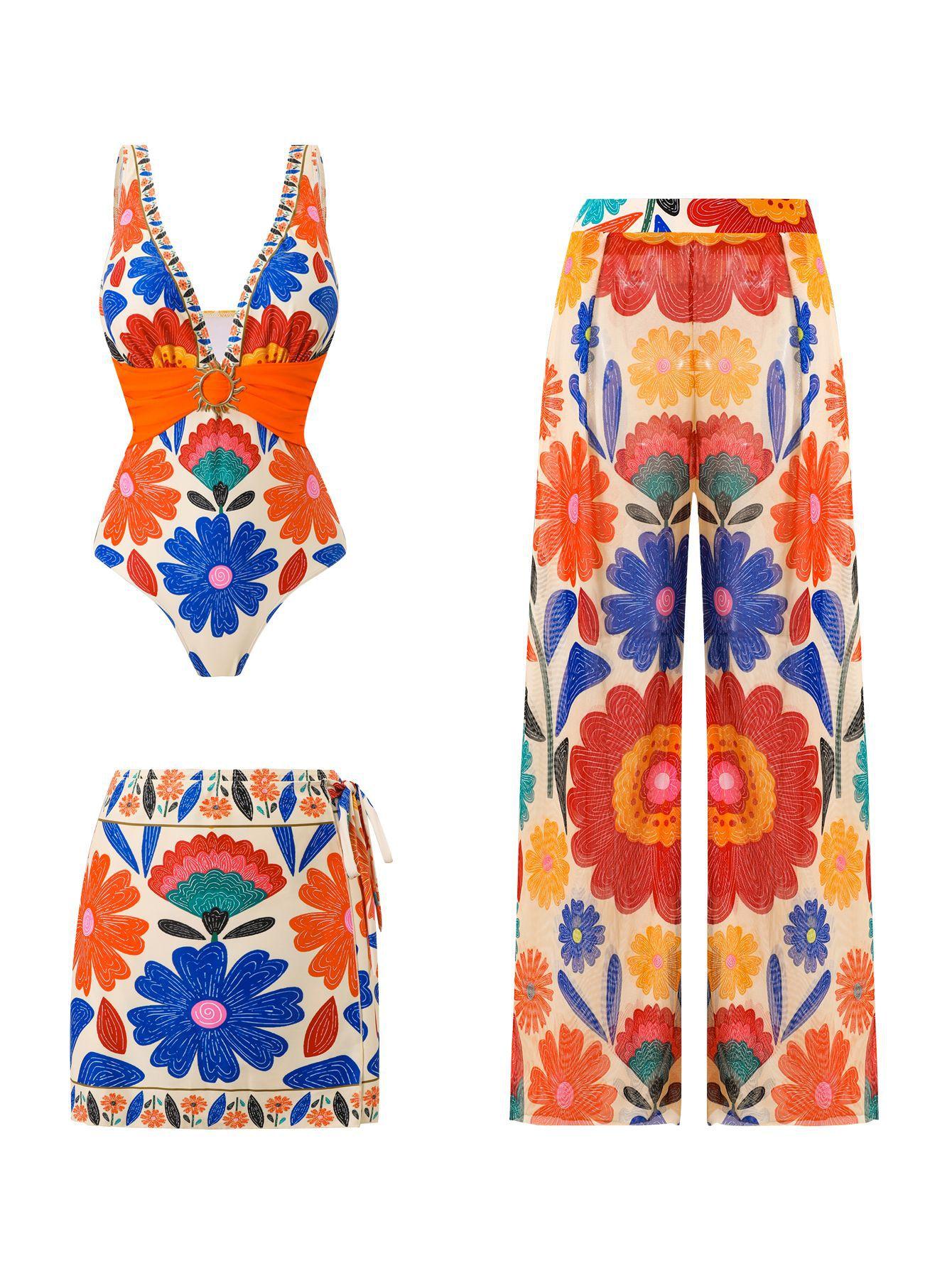 (image for) Women 3 Piece Bohemian Floral Print One Piece Swimsuit with Mini Wrap Skirt and Wide Leg Pants Set Vacation Beach Swimwear