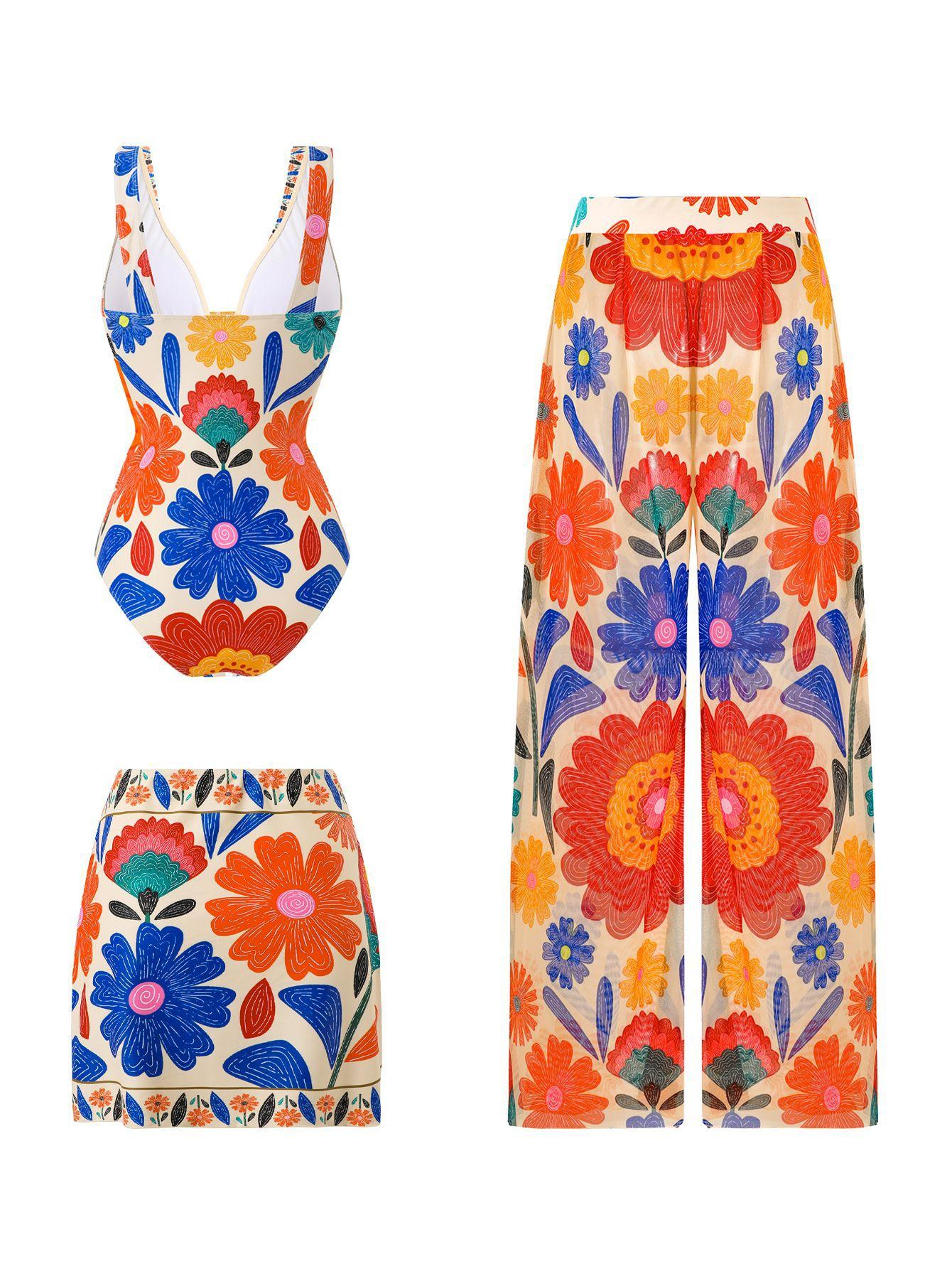 (image for) Women 3 Piece Bohemian Floral Print One Piece Swimsuit with Mini Wrap Skirt and Wide Leg Pants Set Vacation Beach Swimwear
