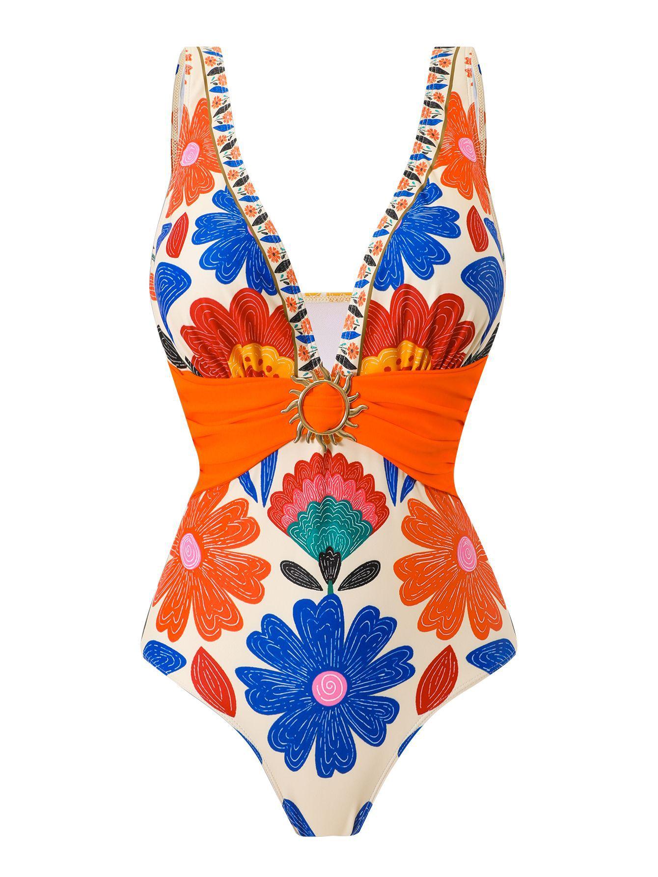 (image for) Women 3 Piece Bohemian Floral Print One Piece Swimsuit with Mini Wrap Skirt and Wide Leg Pants Set Vacation Beach Swimwear