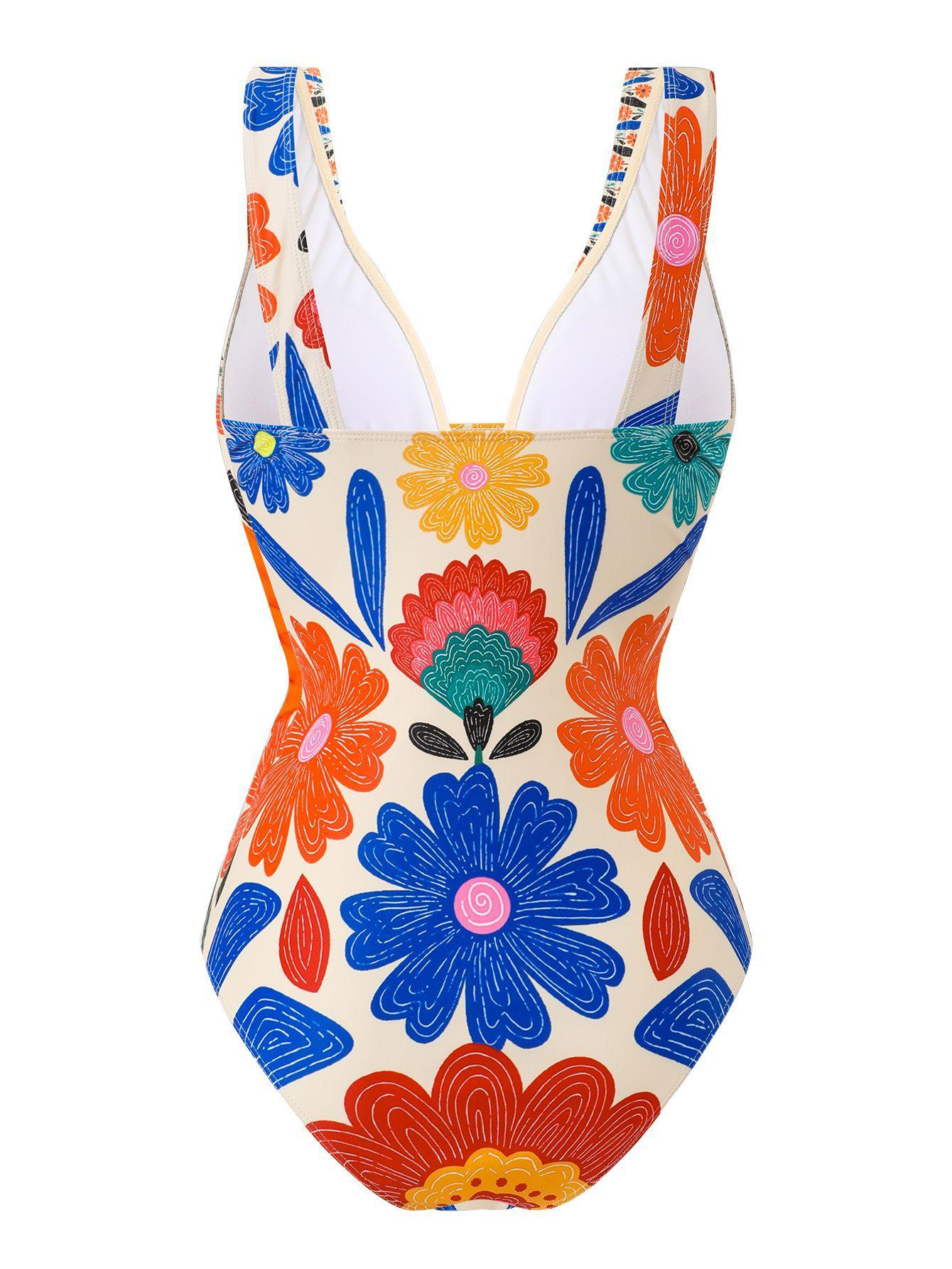 (image for) Women 3 Piece Bohemian Floral Print One Piece Swimsuit with Mini Wrap Skirt and Wide Leg Pants Set Vacation Beach Swimwear