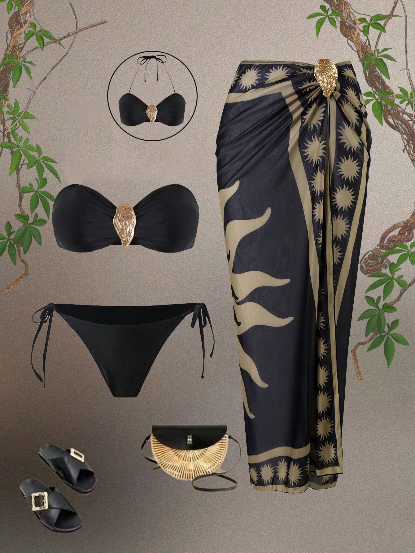 (image for) Women Halter Triangle Bikini Set 3 Piece with Shell Buckle Sun Print Maxi Sarong Skirt Tummy Control Curvy Friendly Premium Beach Swimwear