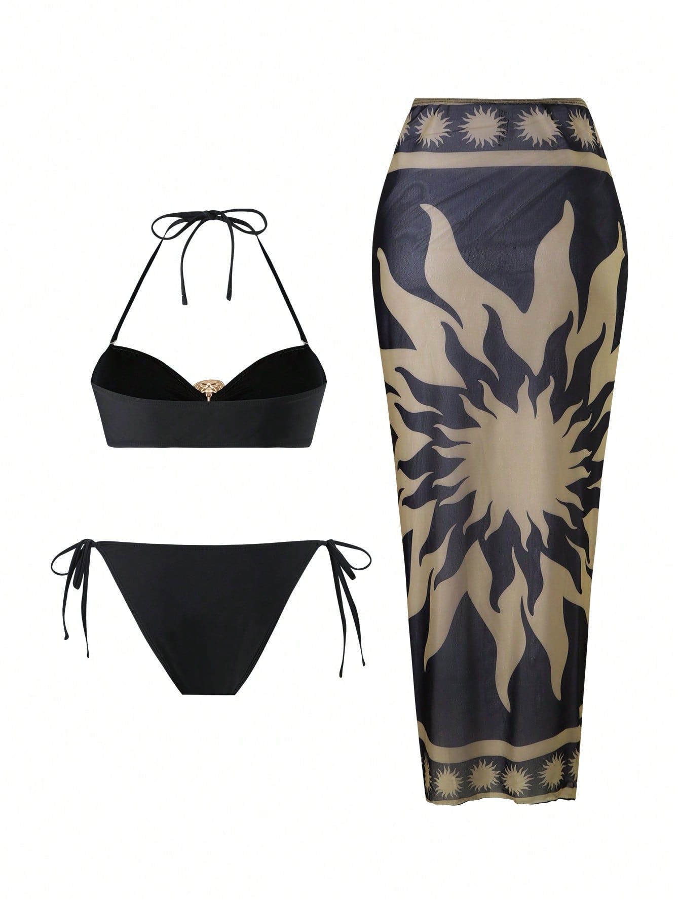 (image for) Women Halter Triangle Bikini Set 3 Piece with Shell Buckle Sun Print Maxi Sarong Skirt Tummy Control Curvy Friendly Premium Beach Swimwear