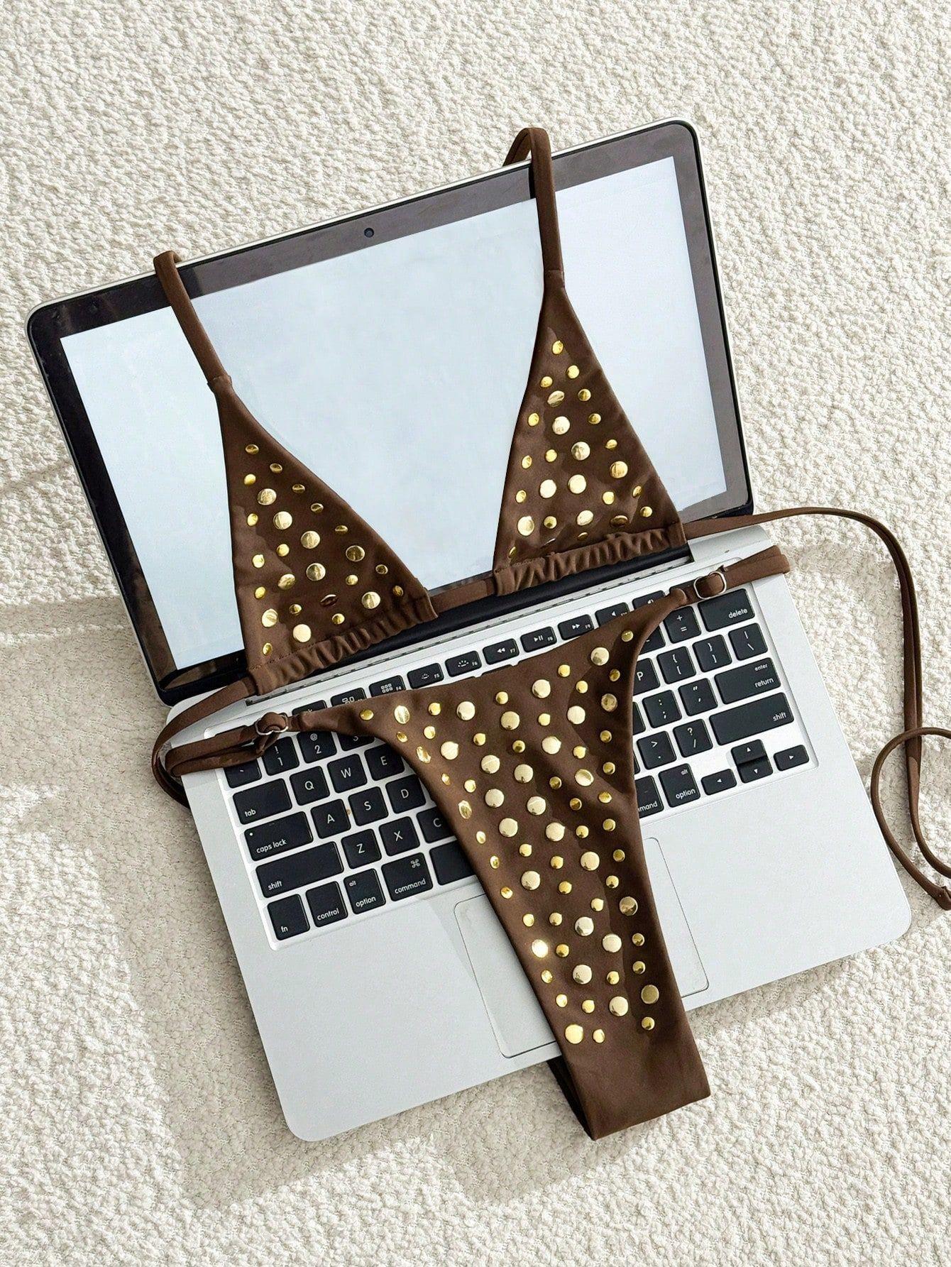 (image for) Women Polka Dot Halter Triangle Bikini Set Unpadded Swimwear