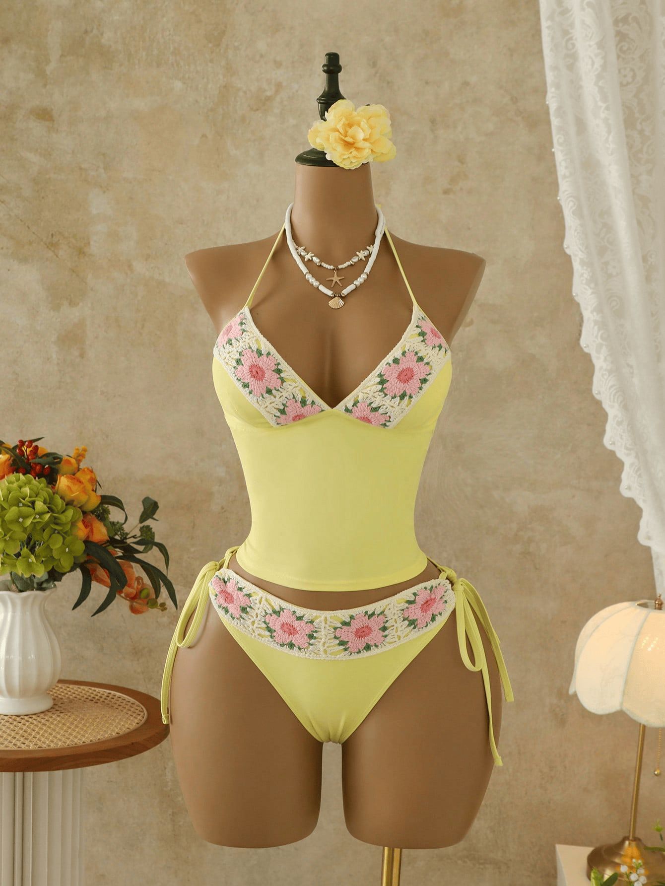 (image for) Women Yellow Pink Floral Embroidery Halter Bikini Set Side Tie Bottom Lace Trim Sexy Fresh Style Two Piece Beach Swimwear