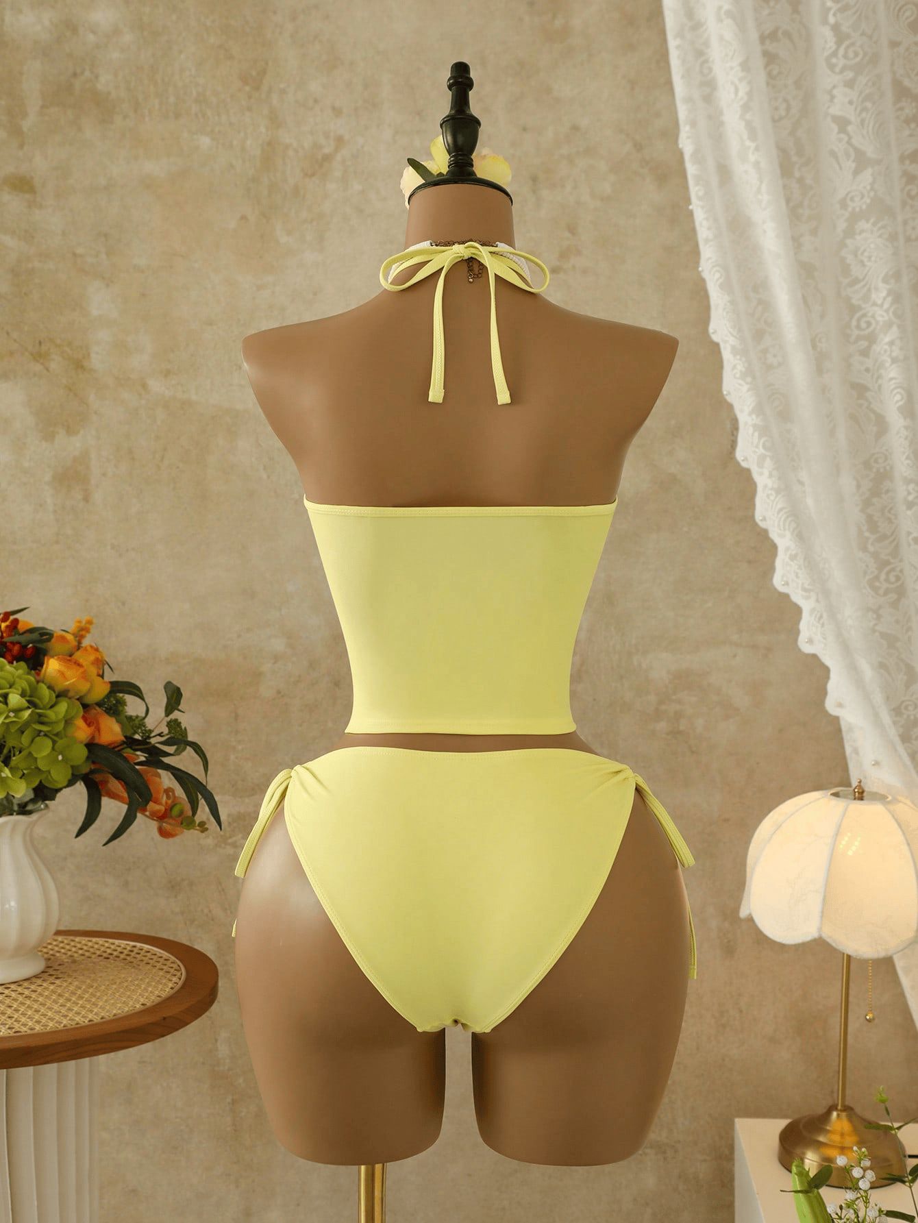 (image for) Women Yellow Pink Floral Embroidery Halter Bikini Set Side Tie Bottom Lace Trim Sexy Fresh Style Two Piece Beach Swimwear