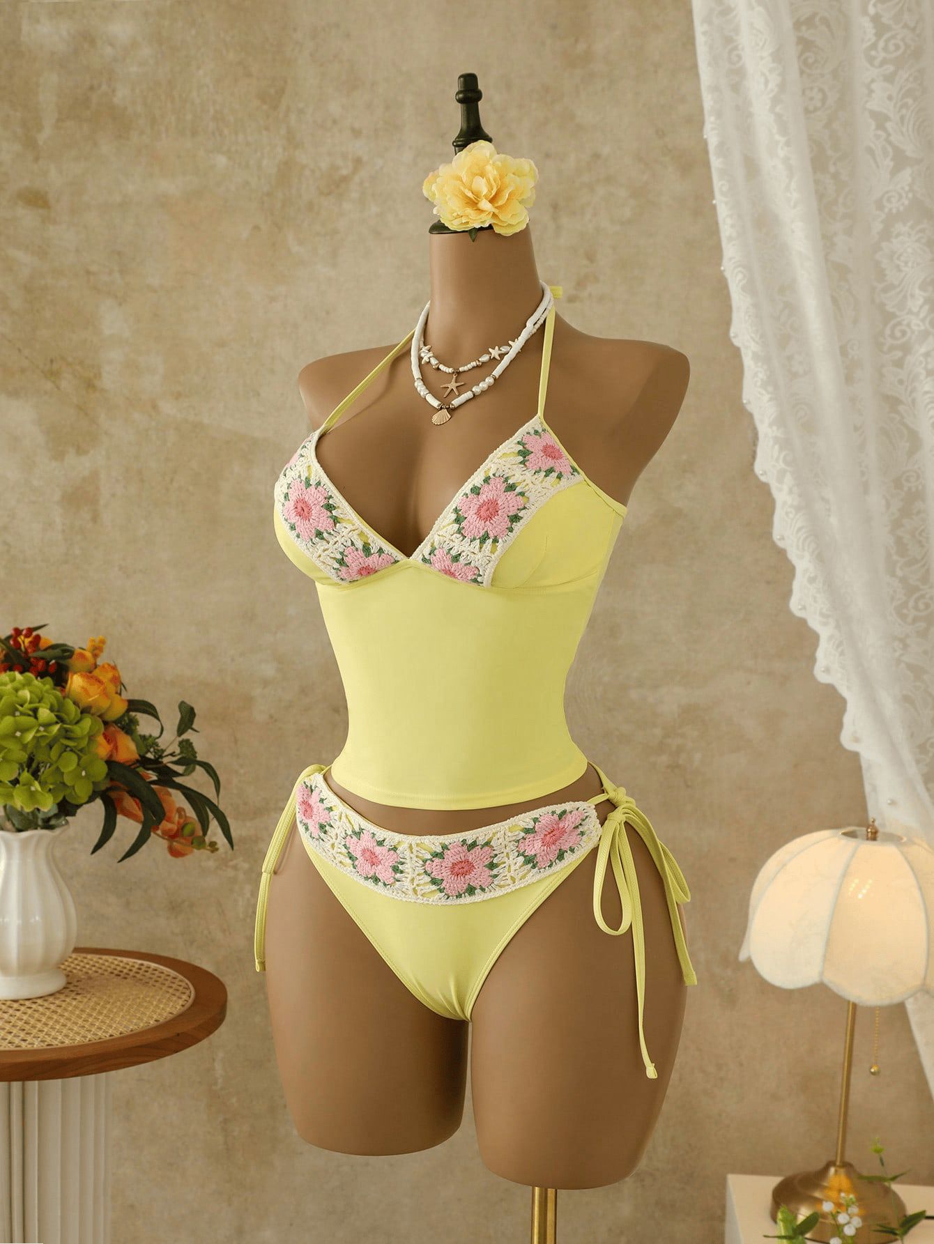 (image for) Women Yellow Pink Floral Embroidery Halter Bikini Set Side Tie Bottom Lace Trim Sexy Fresh Style Two Piece Beach Swimwear