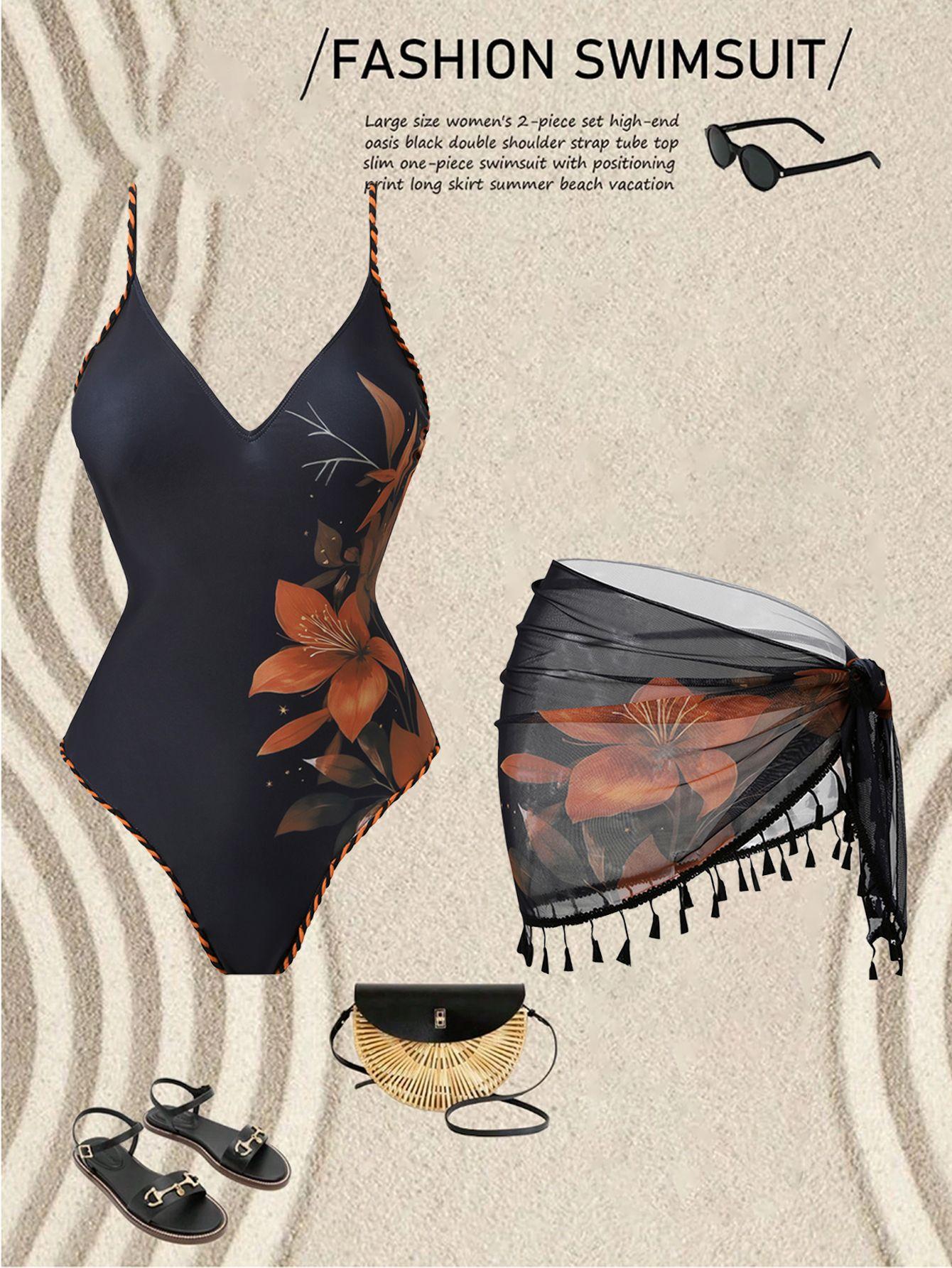 (image for) Women Floral Print Deep V One Piece Swimsuit with Tassel Trim Sheer Sarong Wrap Skirt 2 Piece Beach Swimwear Set
