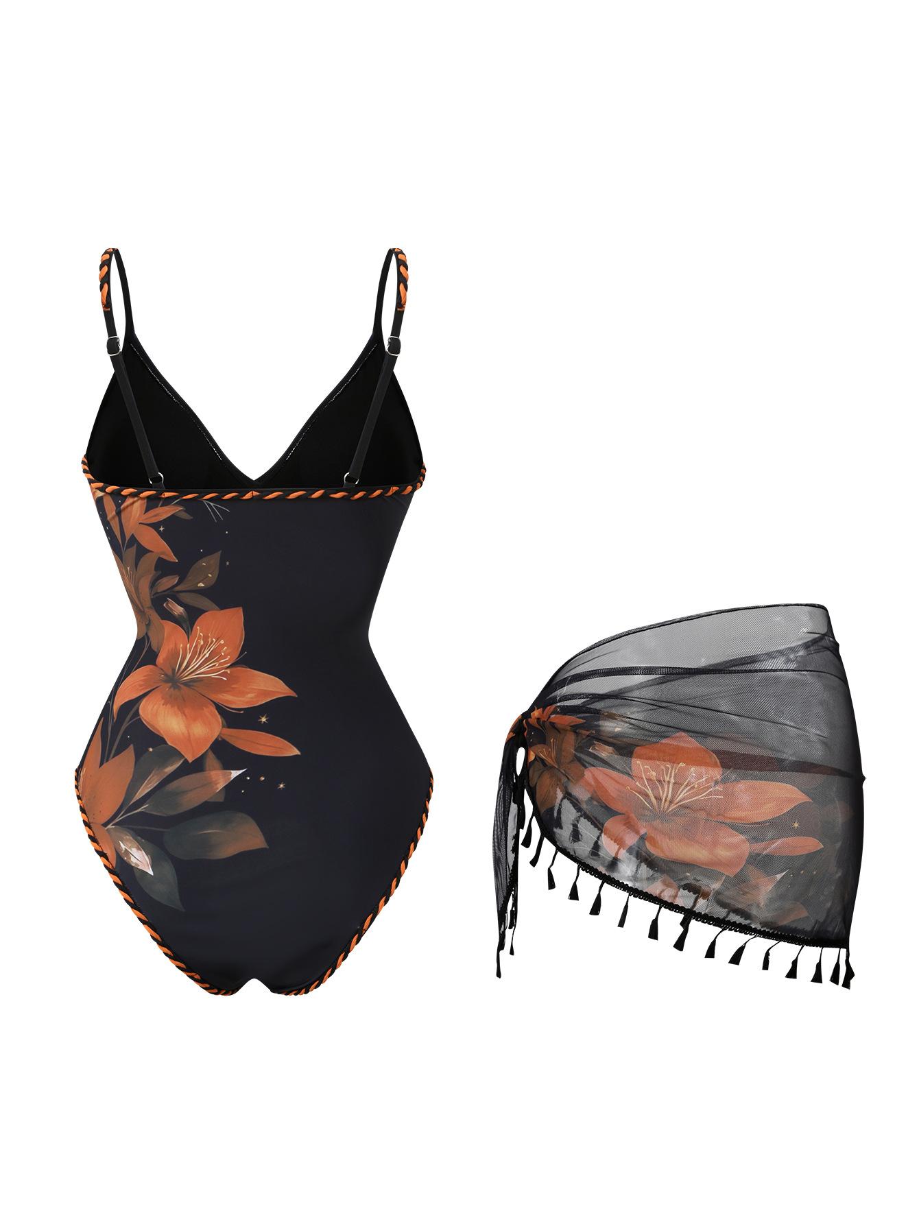 (image for) Women Floral Print Deep V One Piece Swimsuit with Tassel Trim Sheer Sarong Wrap Skirt 2 Piece Beach Swimwear Set