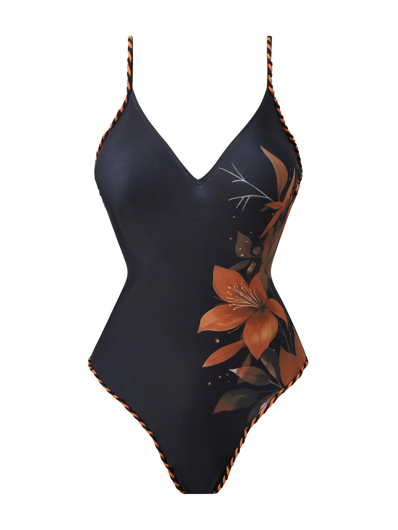 (image for) Women Floral Print Deep V One Piece Swimsuit with Tassel Trim Sheer Sarong Wrap Skirt 2 Piece Beach Swimwear Set