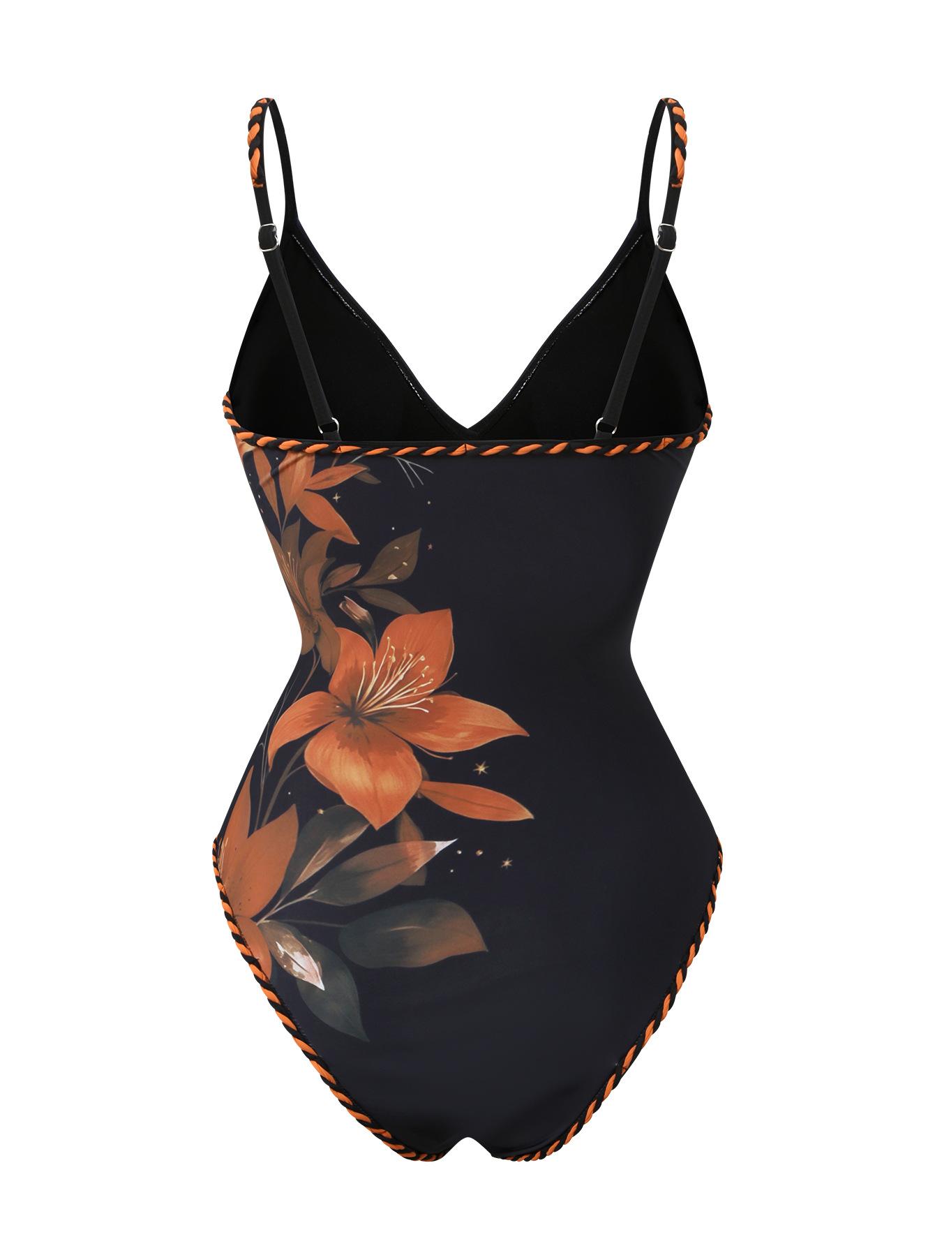 (image for) Women Floral Print Deep V One Piece Swimsuit with Tassel Trim Sheer Sarong Wrap Skirt 2 Piece Beach Swimwear Set