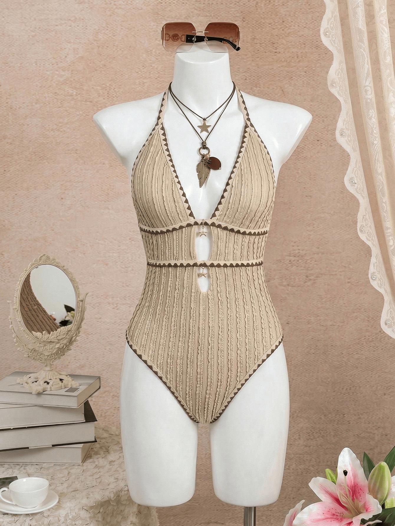 (image for) Women Textured Halter Deep V Star Detail Cutout One Piece Swimsuit Shell Stitch Trim Sexy High End Monokini