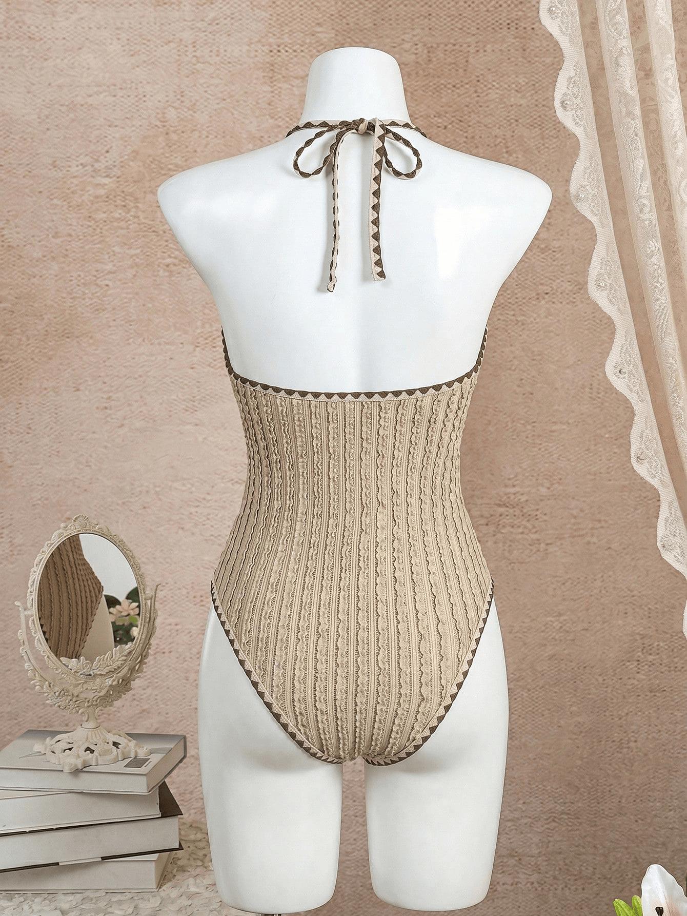 (image for) Women Textured Halter Deep V Star Detail Cutout One Piece Swimsuit Shell Stitch Trim Sexy High End Monokini