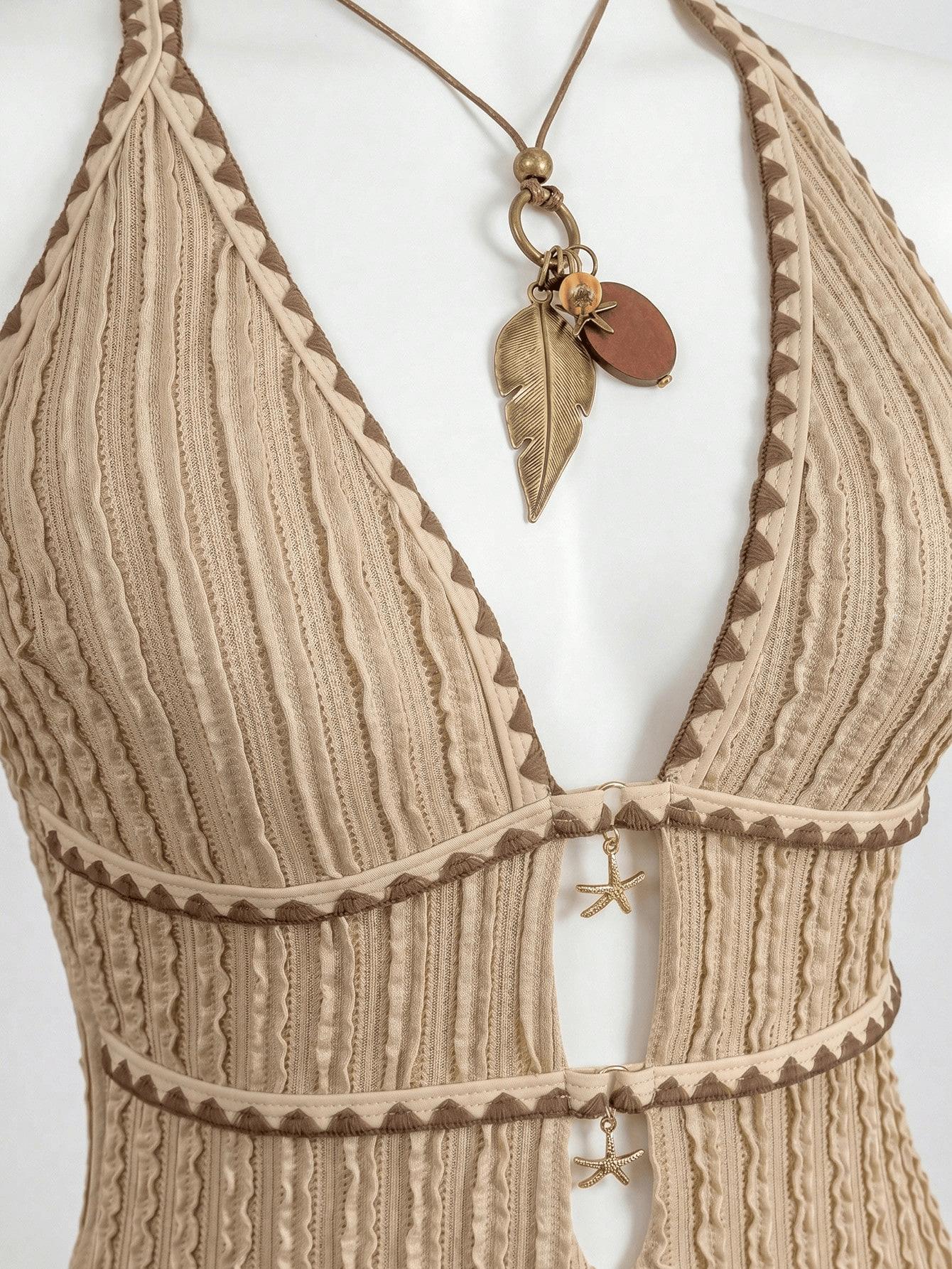 (image for) Women Textured Halter Deep V Star Detail Cutout One Piece Swimsuit Shell Stitch Trim Sexy High End Monokini