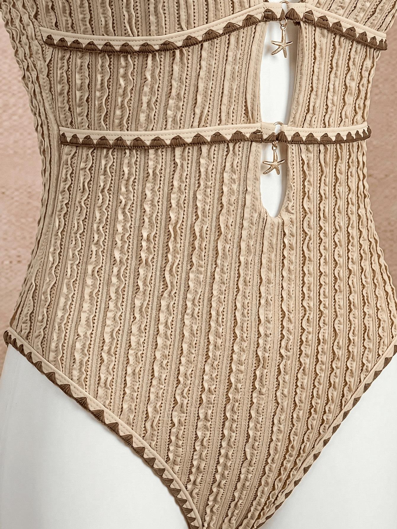 (image for) Women Textured Halter Deep V Star Detail Cutout One Piece Swimsuit Shell Stitch Trim Sexy High End Monokini