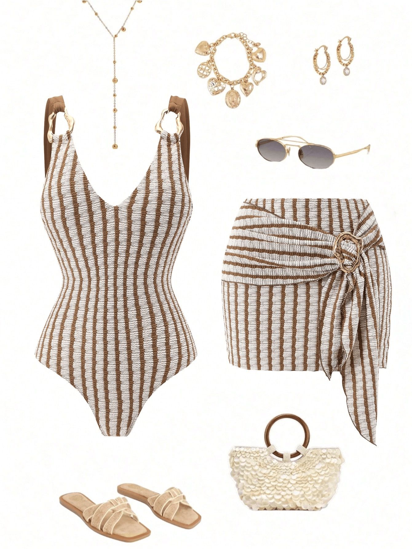 (image for) Women Textured Vertical Stripe Deep V One Piece Swimsuit with Wrap Buckle Mini Sarong Skirt 2 Piece Tummy Control Figure Flattering Beach Swimwear Set