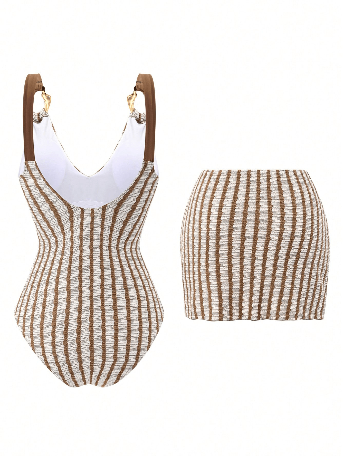 (image for) Women Textured Vertical Stripe Deep V One Piece Swimsuit with Wrap Buckle Mini Sarong Skirt 2 Piece Tummy Control Figure Flattering Beach Swimwear Set