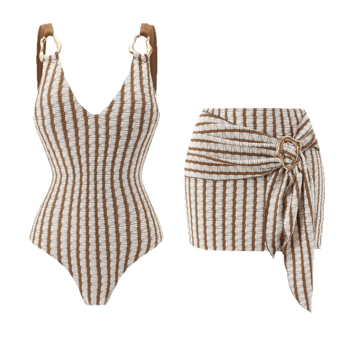 (image for) Women Textured Vertical Stripe Deep V One Piece Swimsuit with Wrap Buckle Mini Sarong Skirt 2 Piece Tummy Control Figure Flattering Beach Swimwear Set