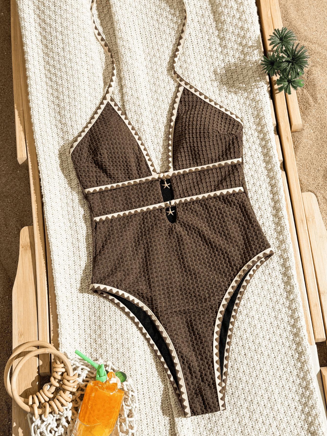 (image for) Women Shell Trim Halter Waffle One Piece Swimsuit Cut Out Padded Swimwear