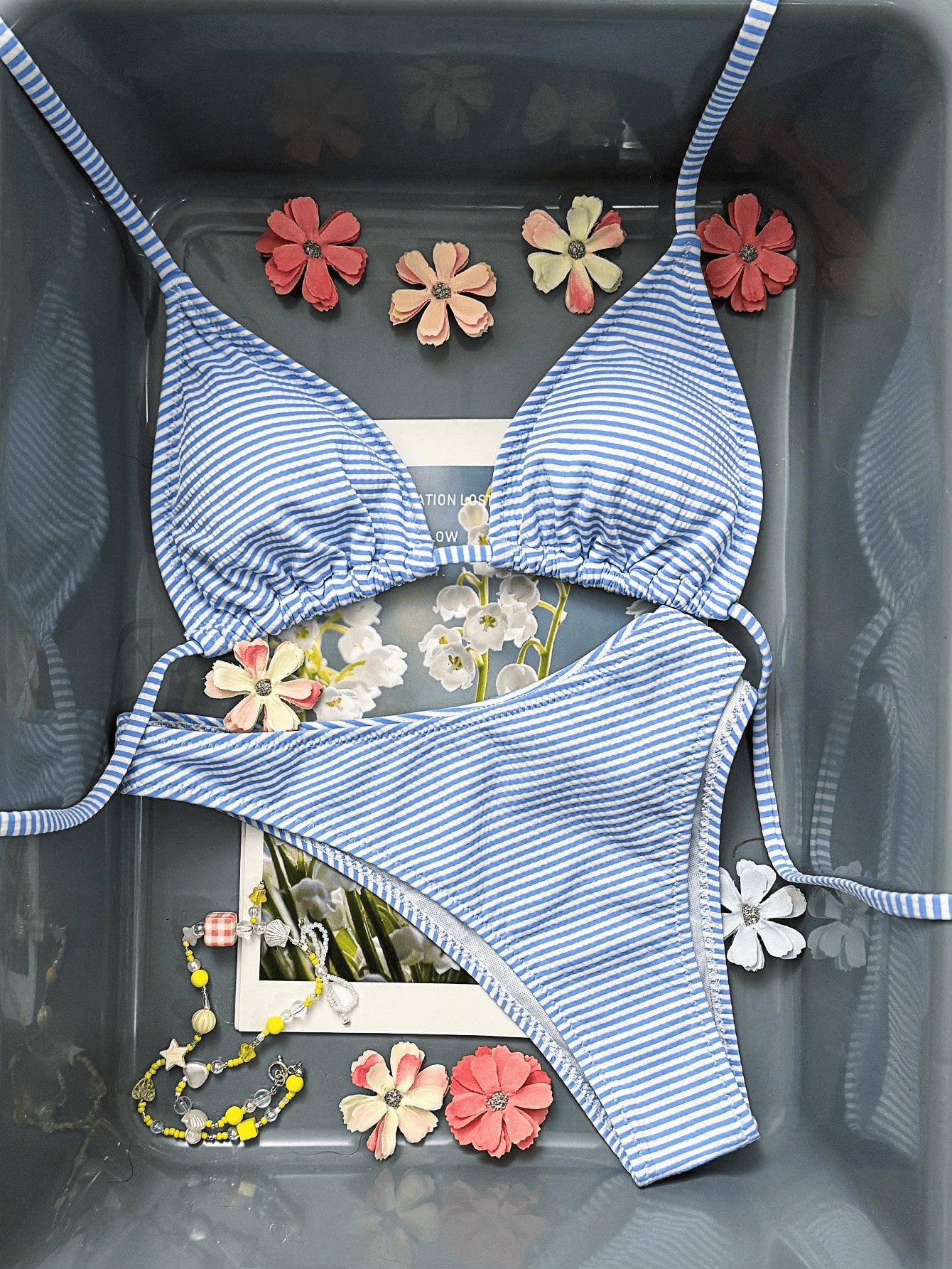 Women Blue White Fine Stripe Halter Triangle Bikini Set Tie Side Sexy Fresh Style Two Piece Beach Photo Ready Swimwear